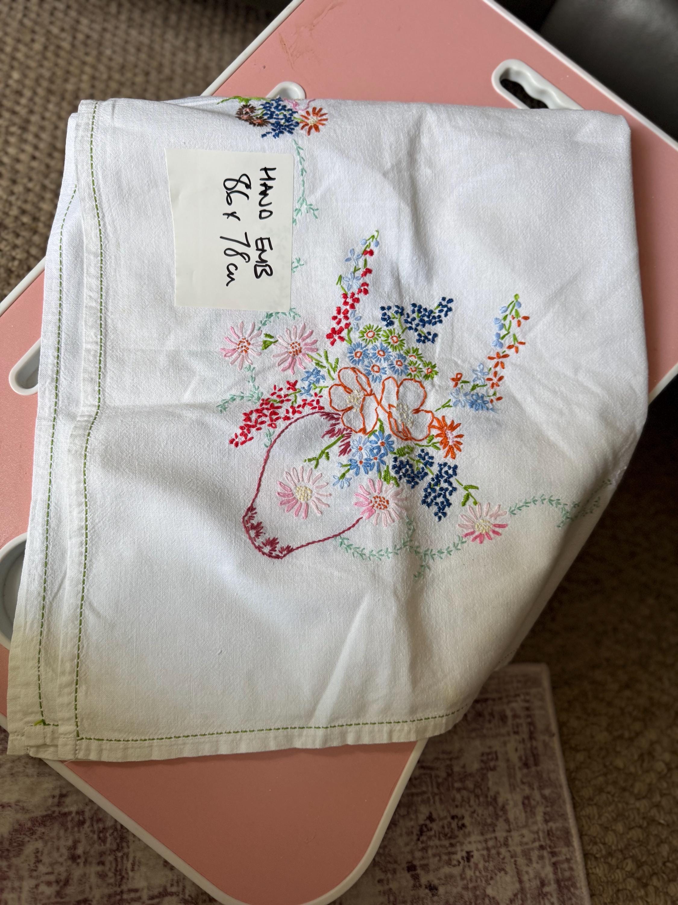 Hand Embroidered Floral Tablecloth: Vintage Cottagecore Linen (86 x 78cm