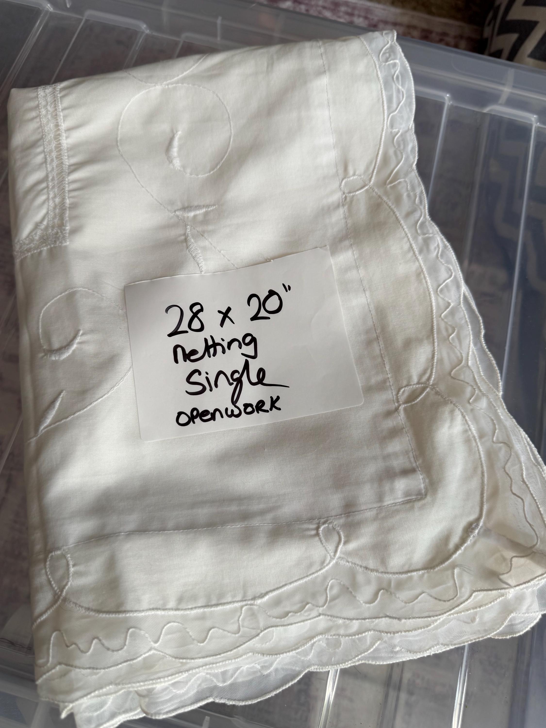 1 piece 28x20” large single pillowcase embroidered with netting and threadwork
