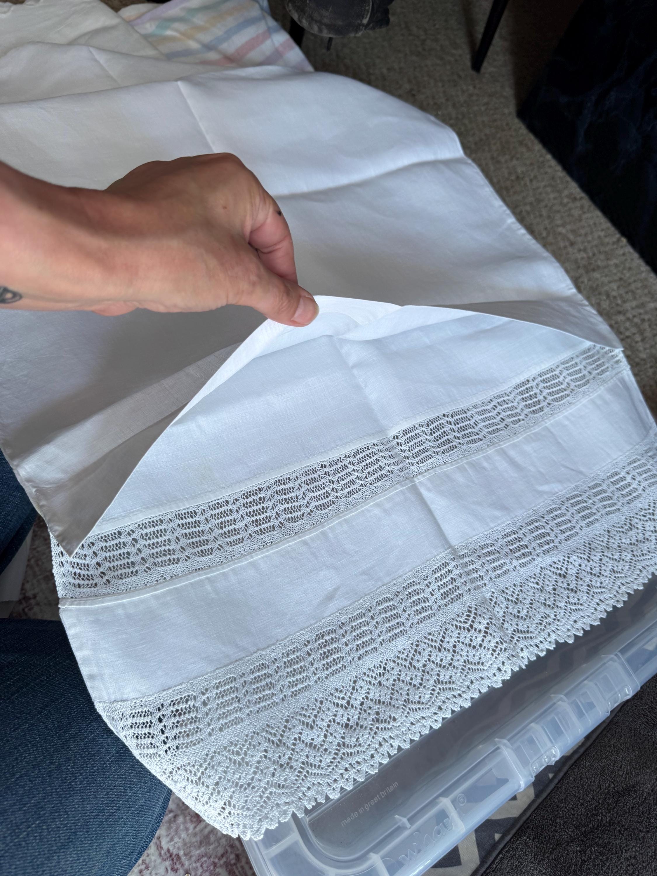 single plain white linen cotton pillowcase with crochet fold over Chateau country cottage chic bedding boudoir