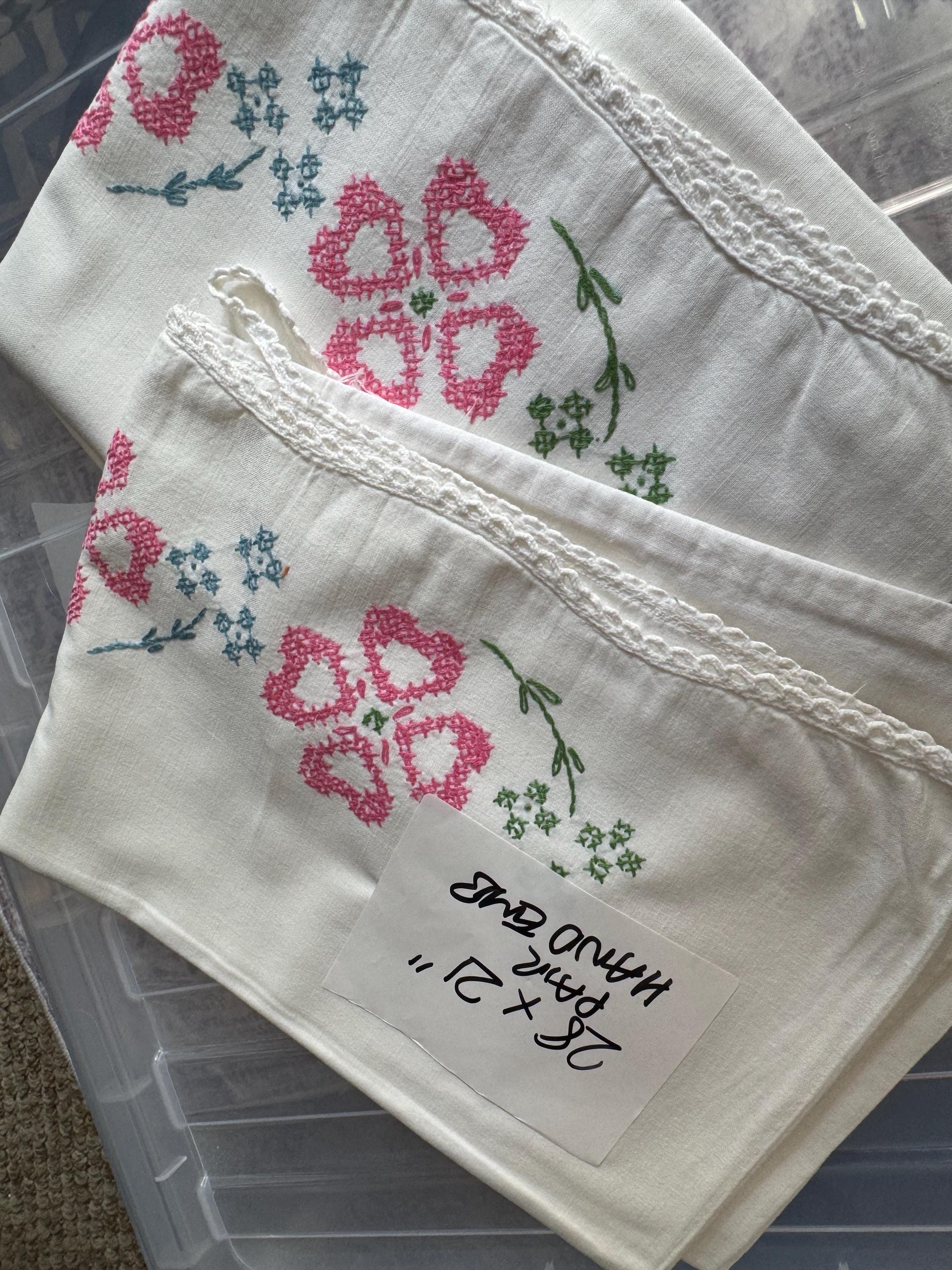 Vintage HAND embroidered floral pair of pillowcases pink green blue flowers pastels