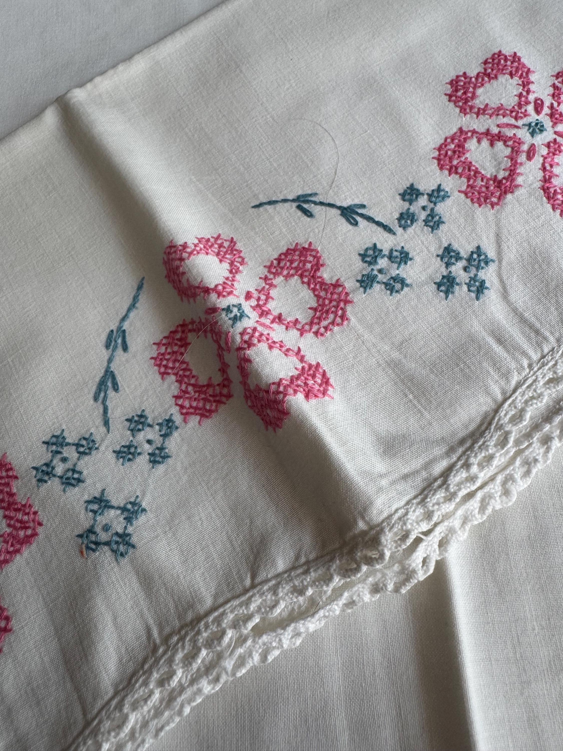 Vintage HAND embroidered floral pair of pillowcases pink green blue flowers pastels