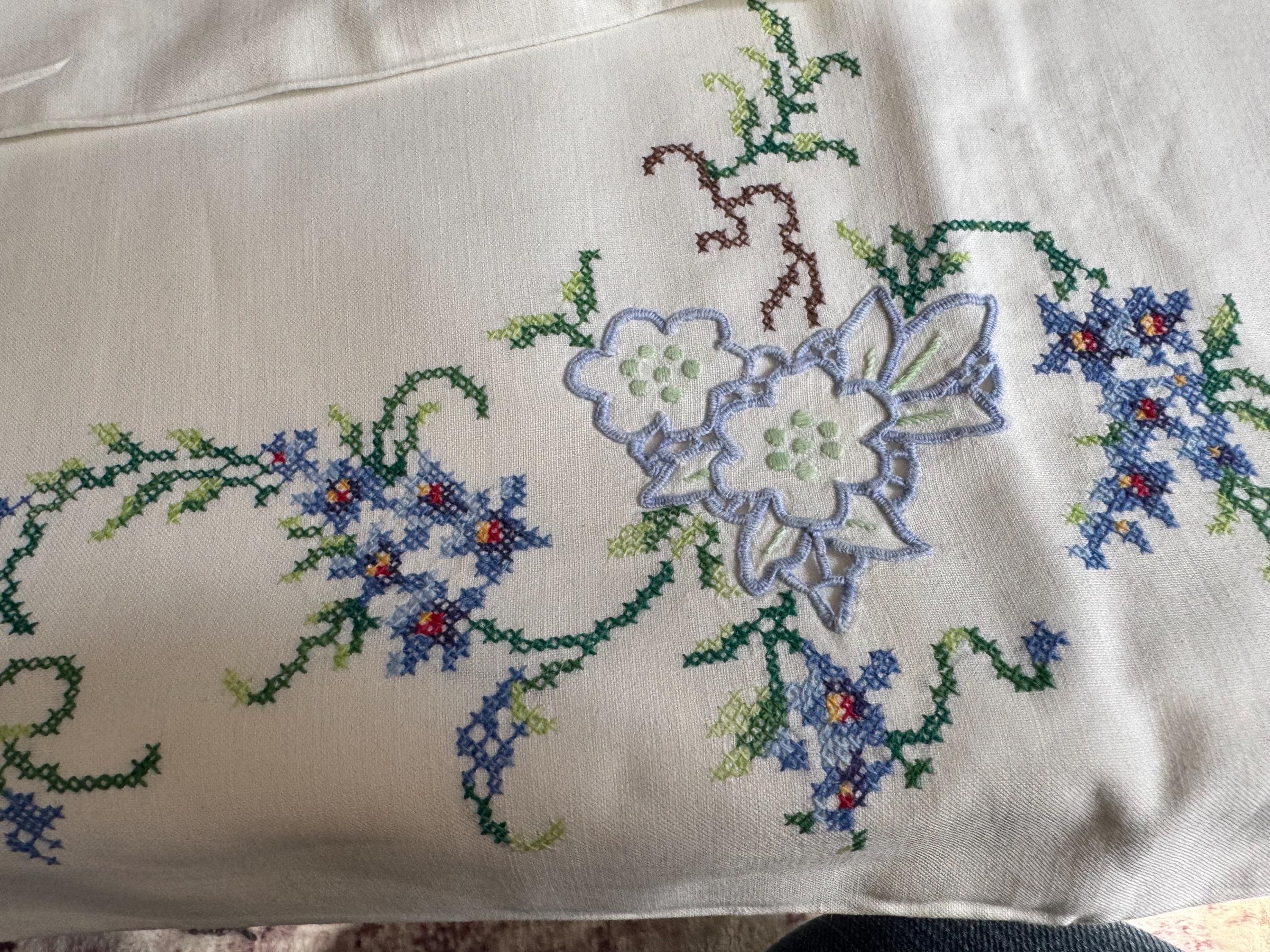 Pair / 2 cottage chateau shabby chic bedding decor pair of white cotton embroidered pillowcases with blue green floral