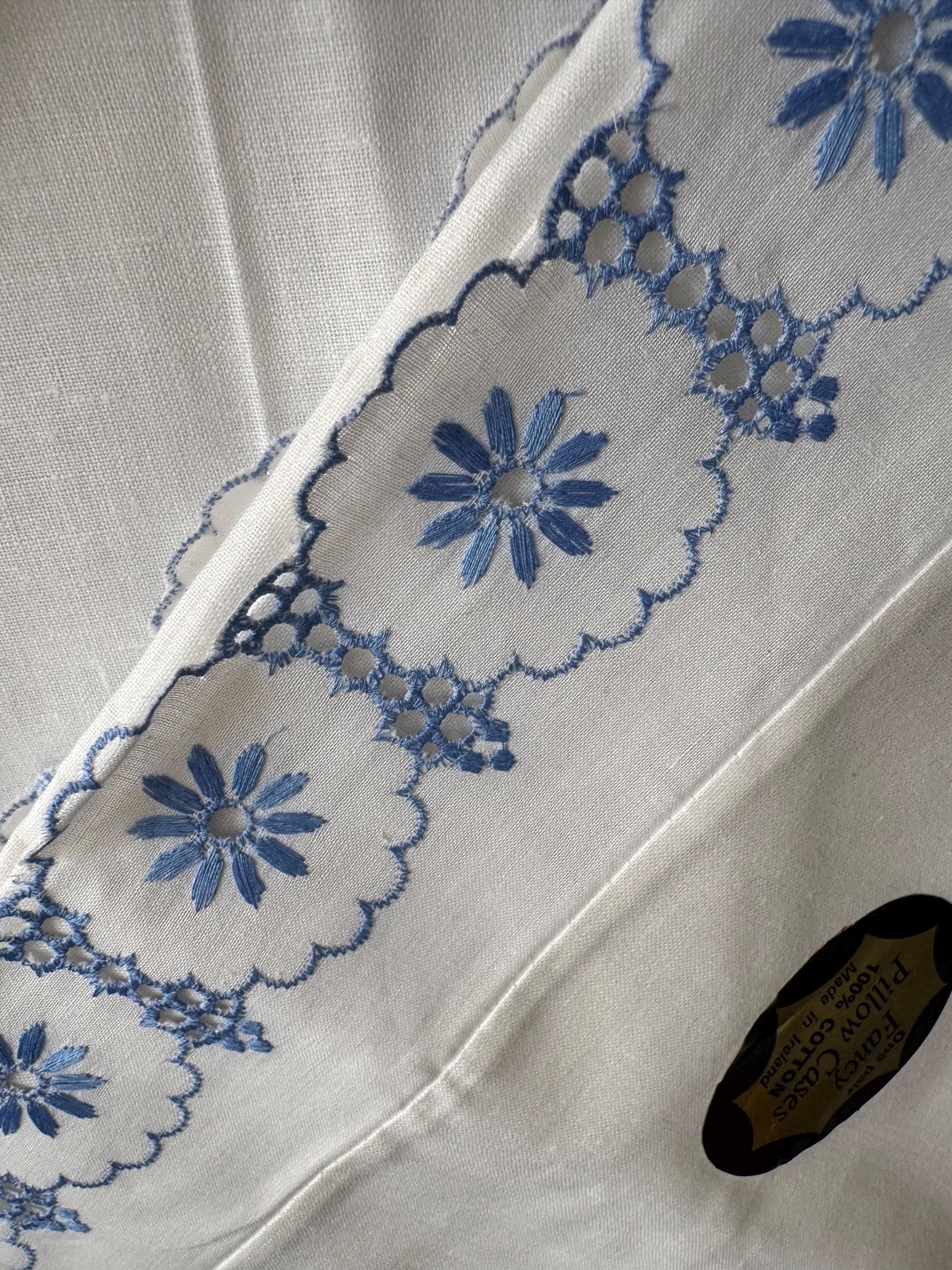 Pair / 2 Chateau chic bedding deco white crisp Irish cotton embroidered pillowcases blue floral flowers 27 x 18”