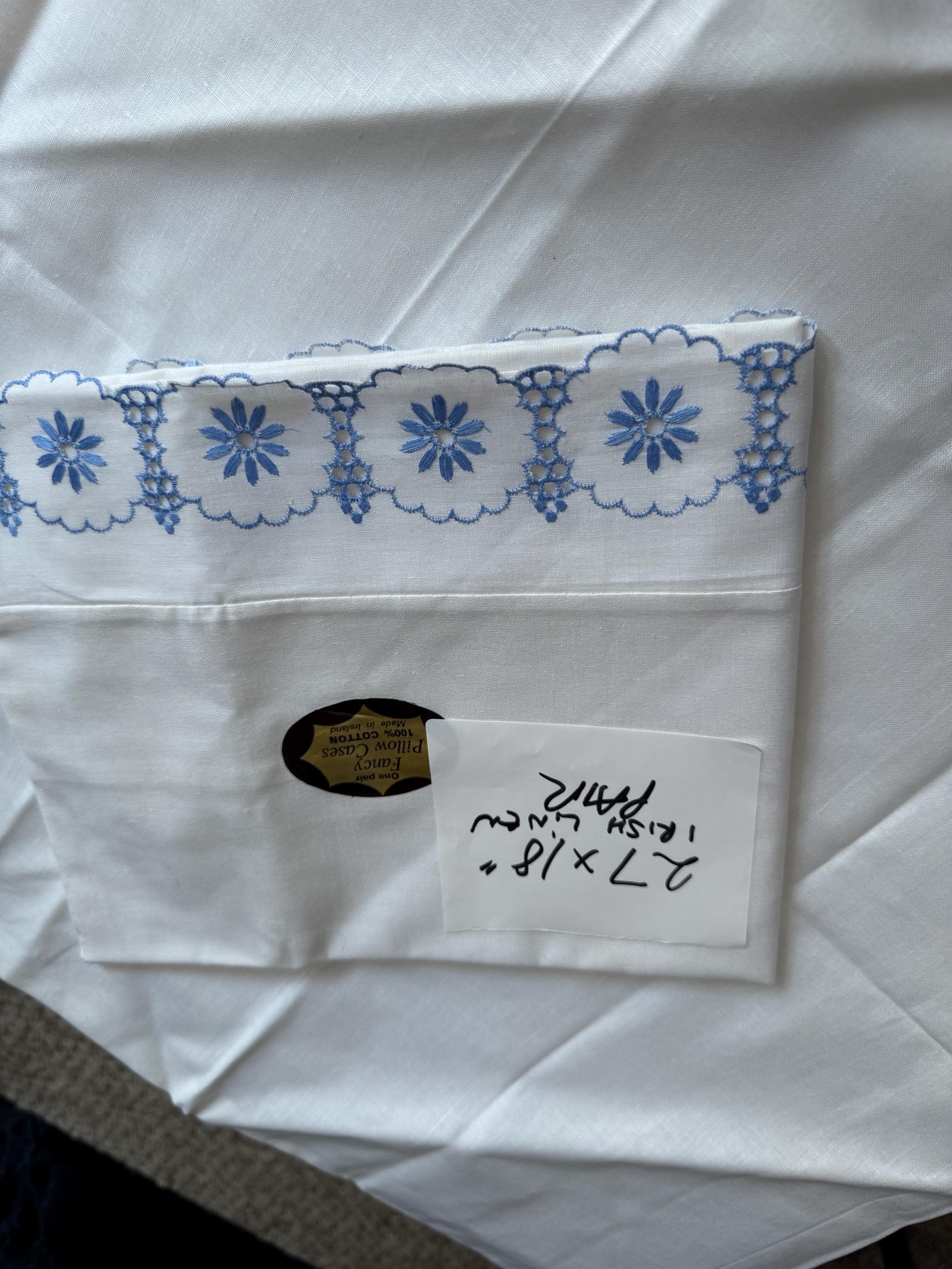 Pair / 2 Chateau chic bedding deco white crisp Irish cotton embroidered pillowcases blue floral flowers 27 x 18”