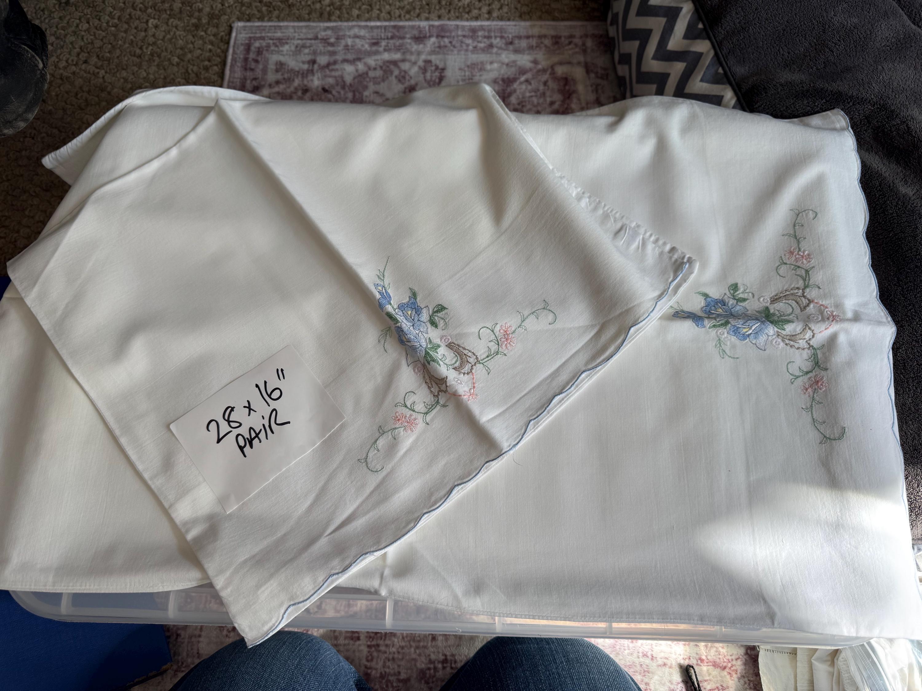Pair / 2 Chateau chic bedding decor white cotton embroidered pillowcases with pink blue green floral flowers roses 28 x 16” inches