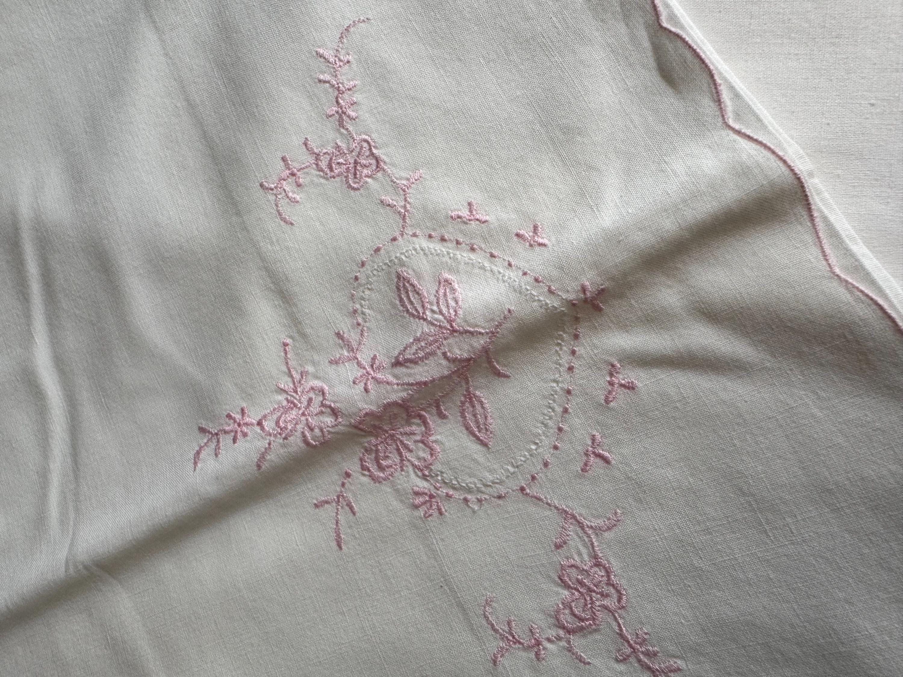 Pair / 2 Chateau chic bedding deco white crisp cotton embroidered pillowcases floral flowers 27 x 17 inch pink threadwork