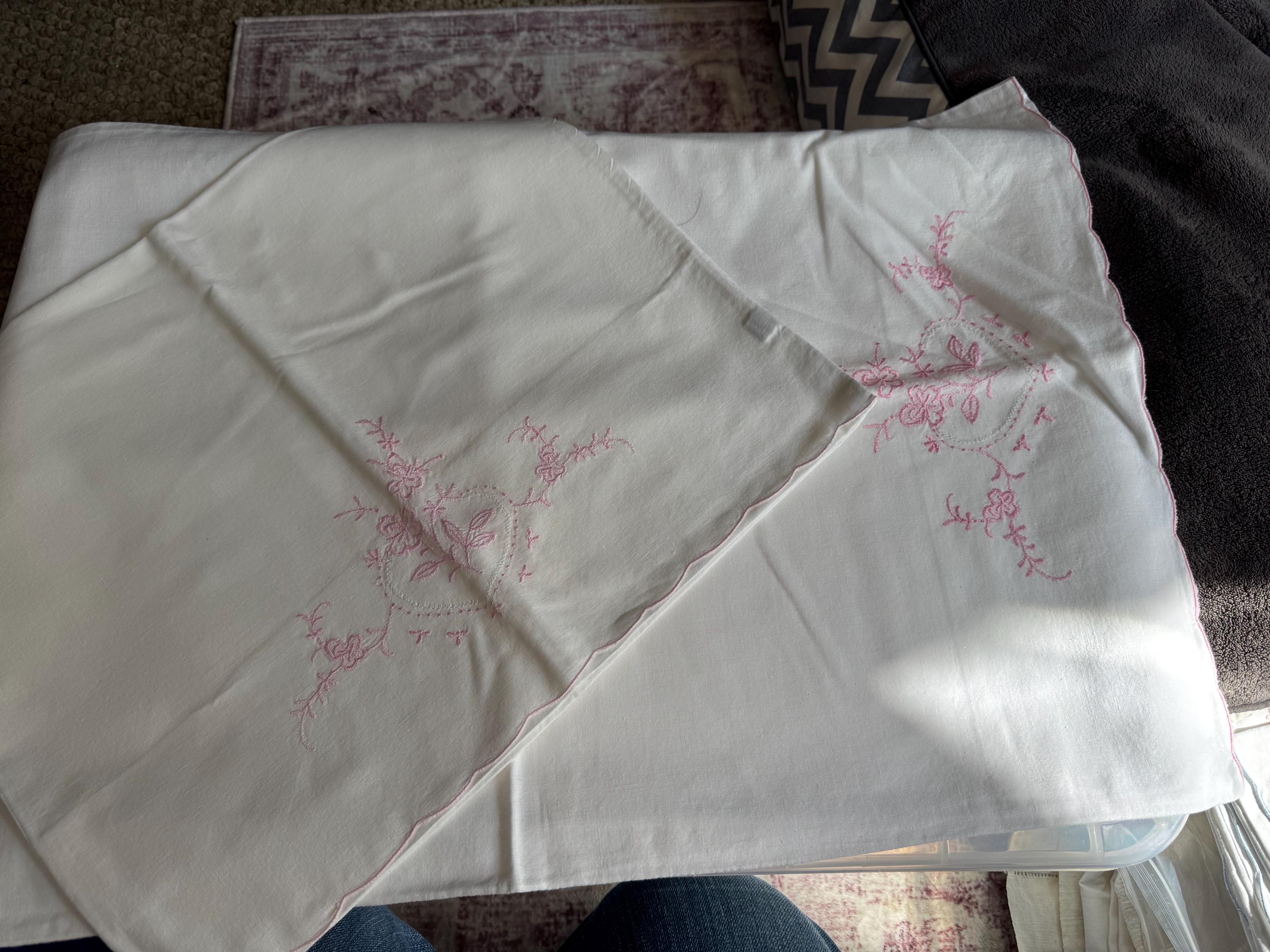 Pair / 2 Chateau chic bedding deco white crisp cotton embroidered pillowcases floral flowers 27 x 17 inch pink threadwork