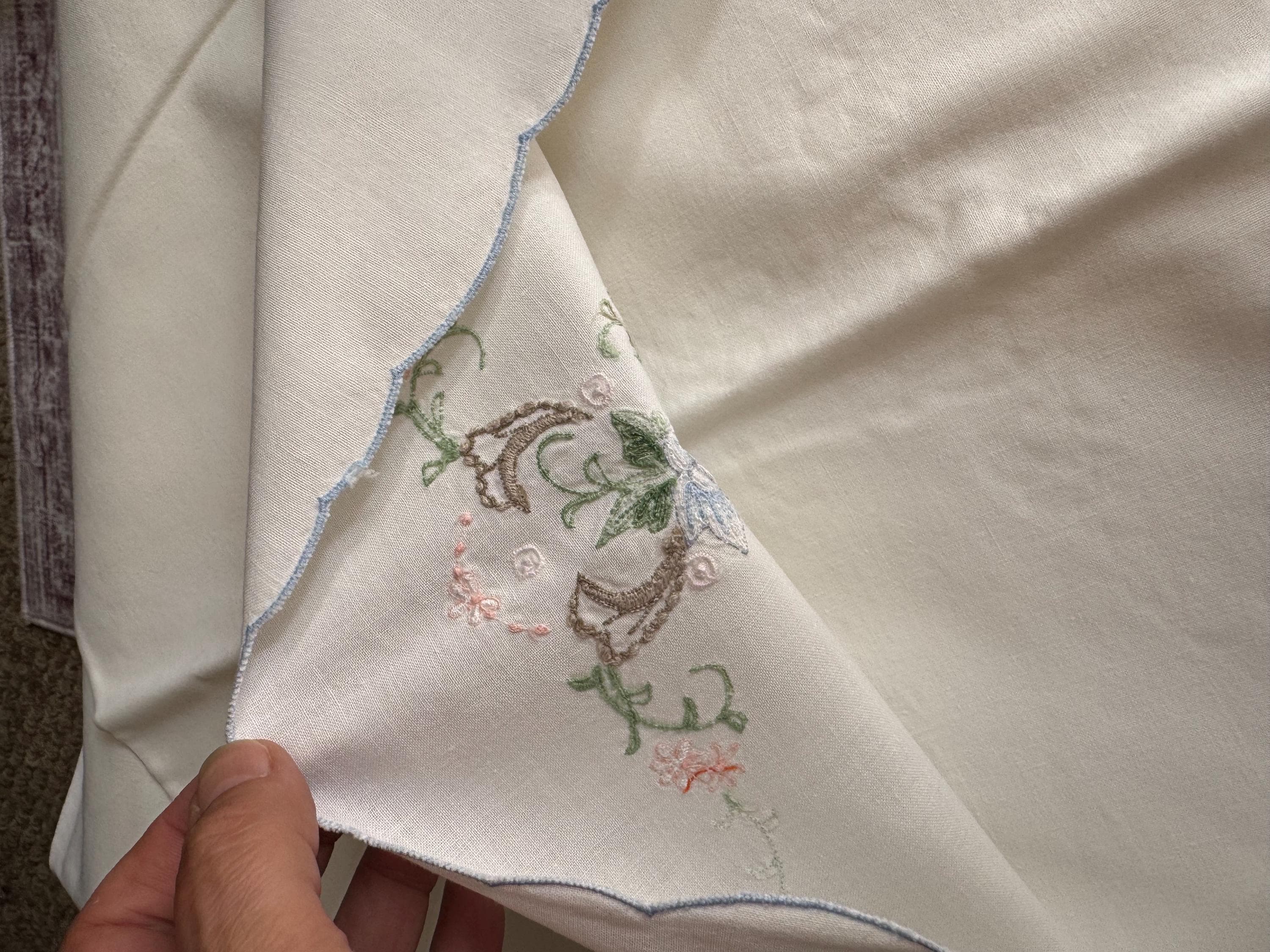Pair / 2 Chateau chic bedding decor white cotton embroidered pillowcases with pink blue green floral flowers roses 28 x 16” inches