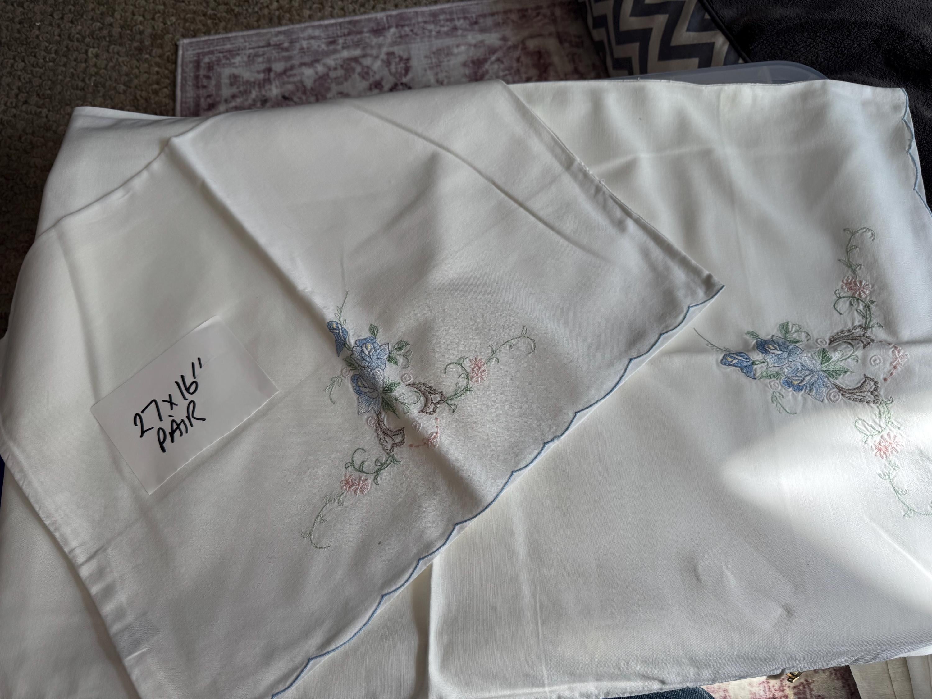 Pair / 2 Chateau chic bedding decor white cotton embroidered pillowcases with pink blue green floral flowers roses 28 x 16” inches