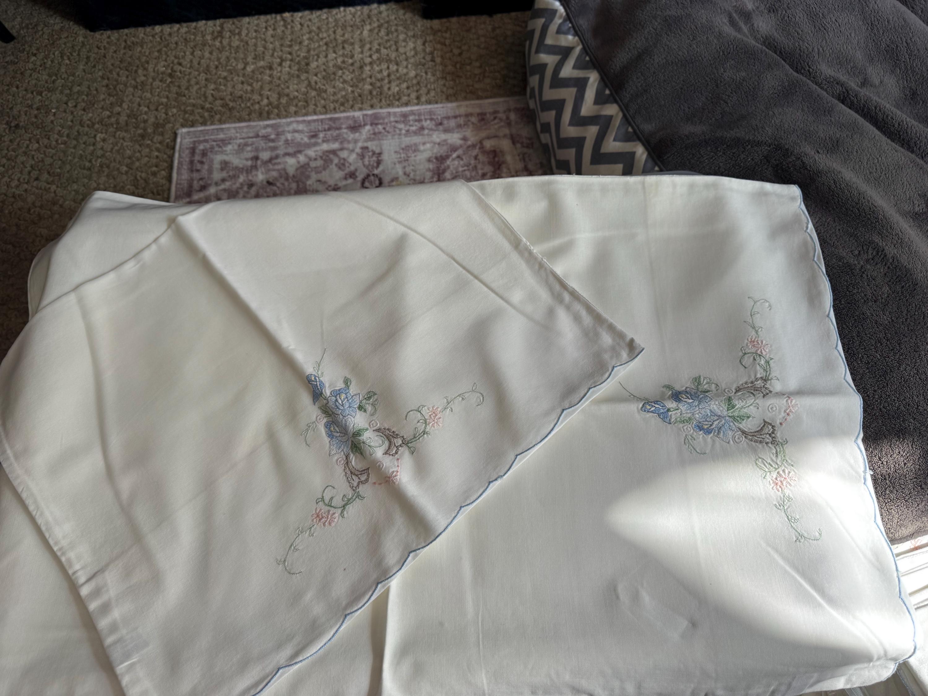 Pair / 2 Chateau chic bedding decor white cotton embroidered pillowcases with pink blue green floral flowers roses 28 x 16” inches