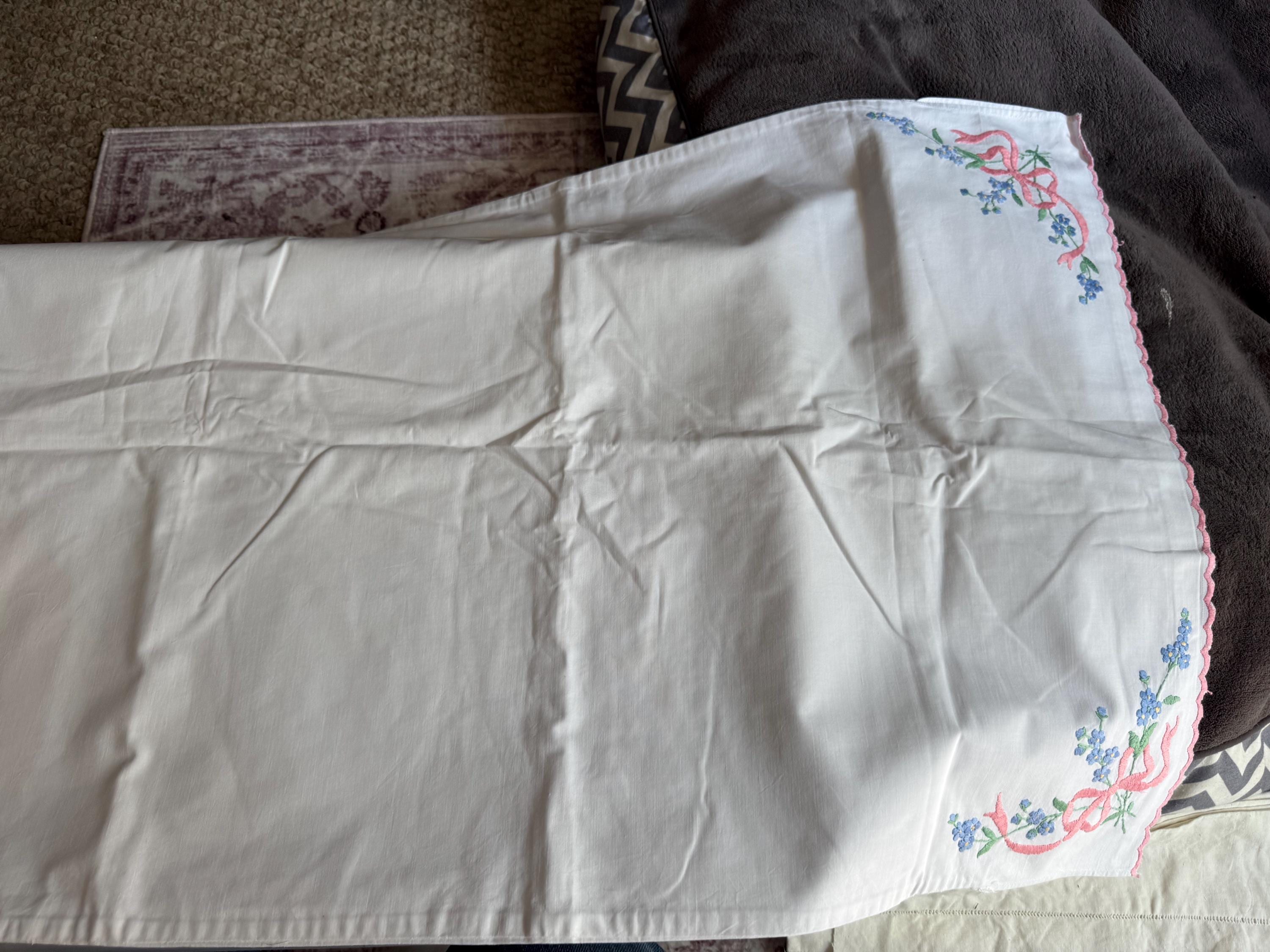 Embroidered Pillowcase: Chateau Chic Forget-Me-Nots, Pink Ribbons (30x21")