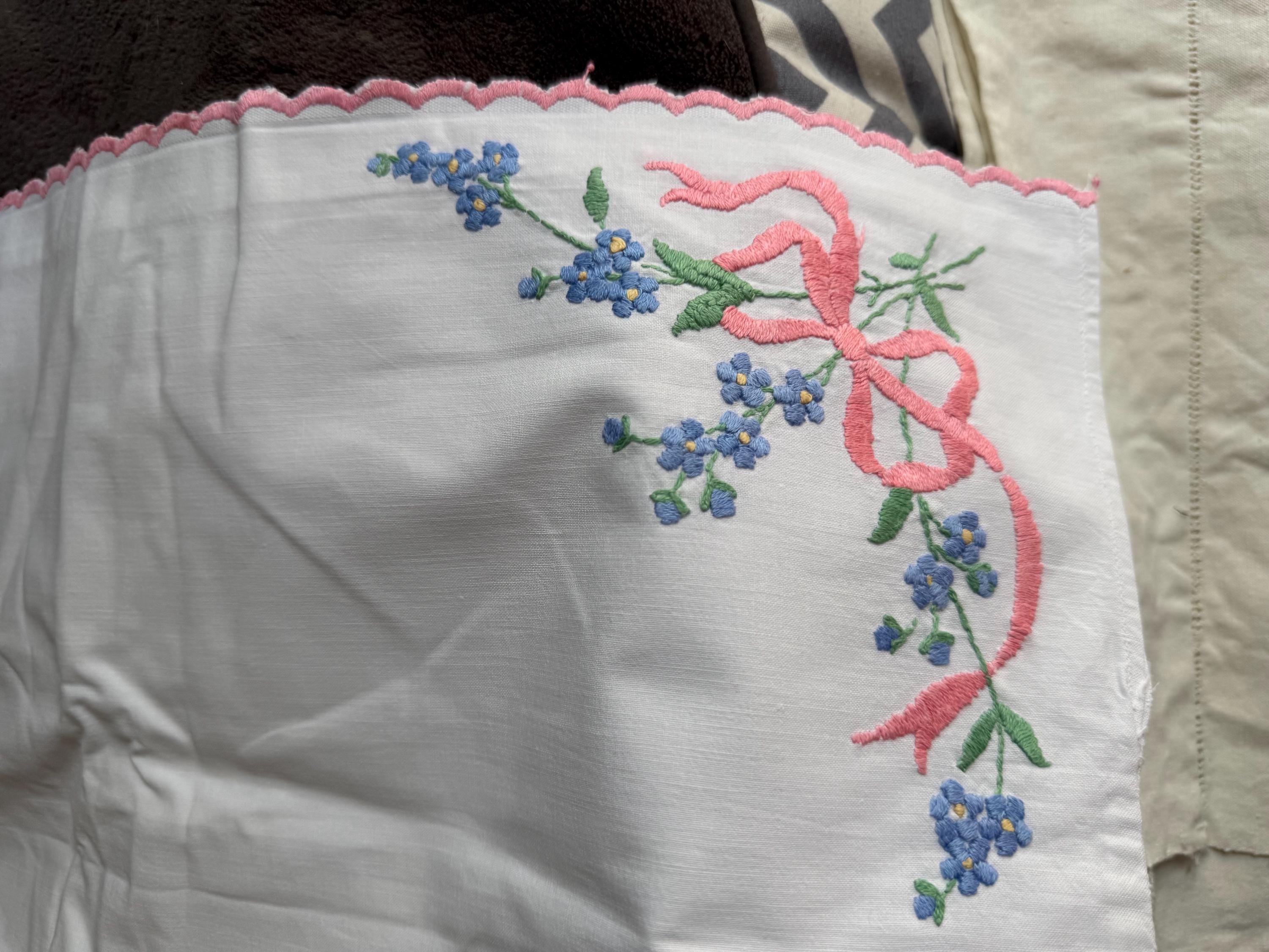 Embroidered Pillowcase: Chateau Chic Forget-Me-Nots, Pink Ribbons (30x21")