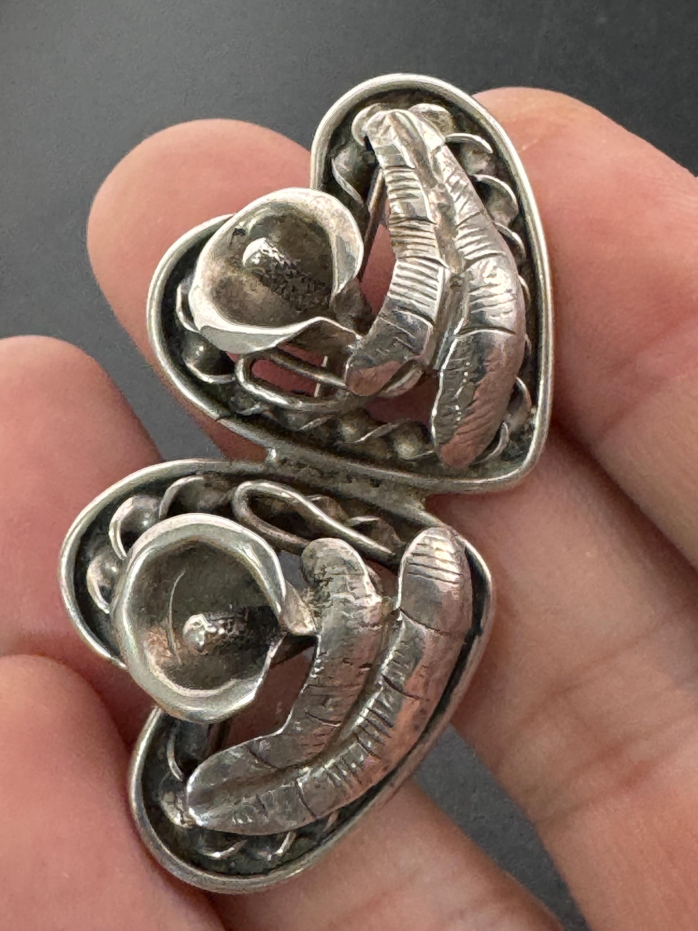 Weighty vintage stamped handmade sterling, 925 silver double love heart brooch with Lily flowers , in remembrance 13 grams sweetheart pin