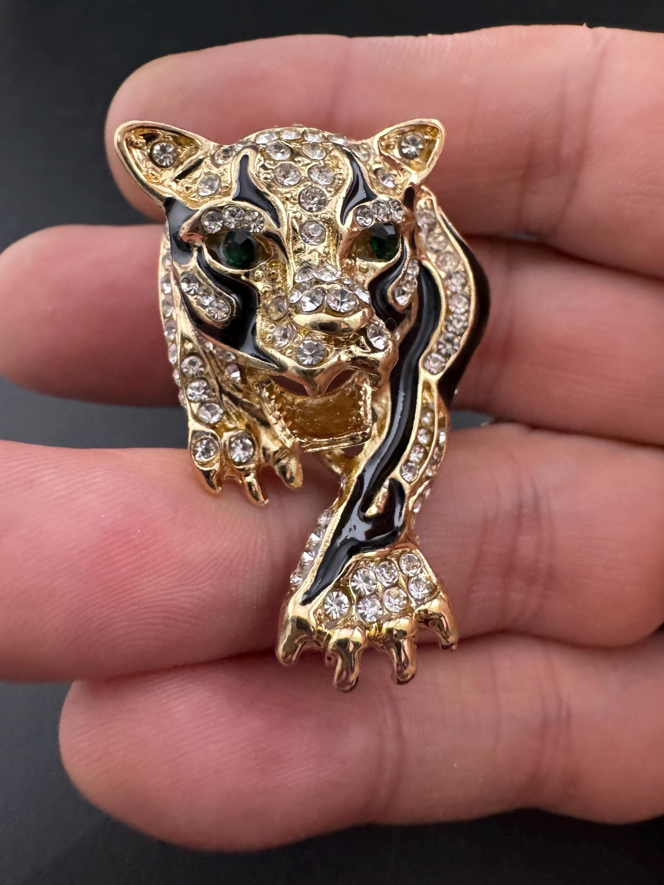 Retro 4cm Black enamel and clear rhinestone Diamanté articulated Cat roaring tiger brooch for coat