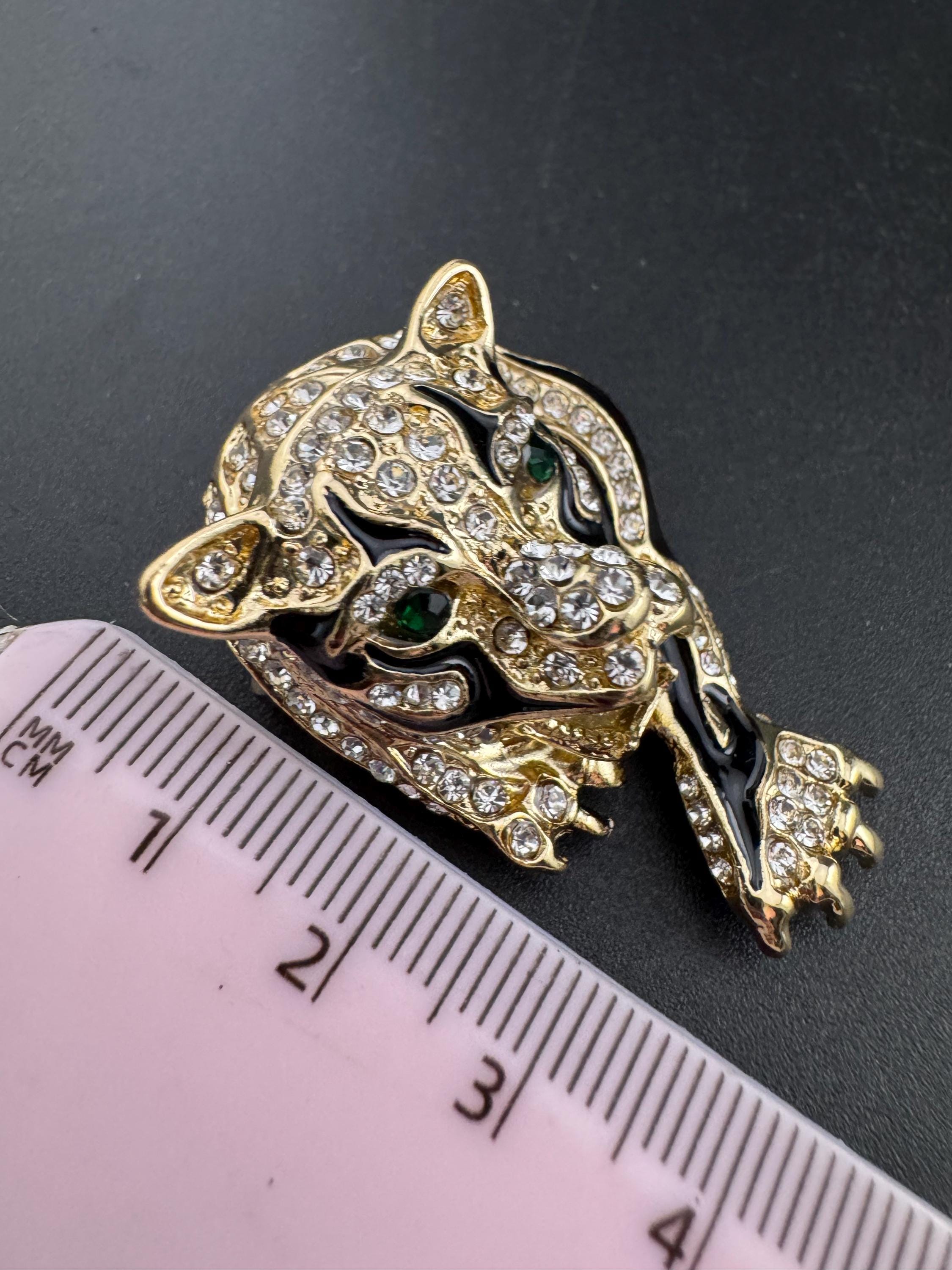 Retro Black Enamel Cat Brooch: Rhinestone Diamanté Roaring Tiger