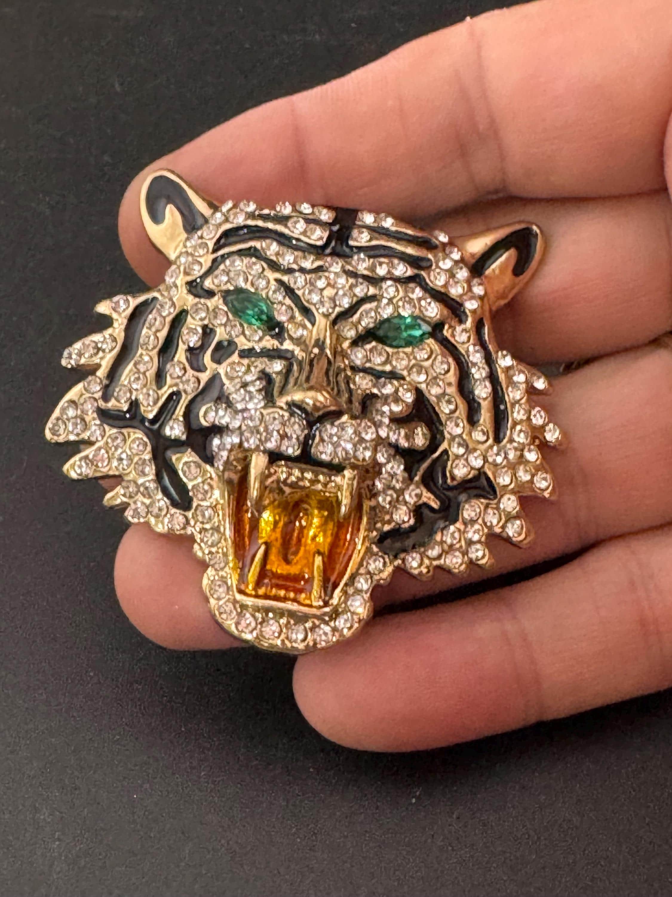 Vintage Enamel Tiger Brooch: Rhinestone Diamanté Big Cat Pendant