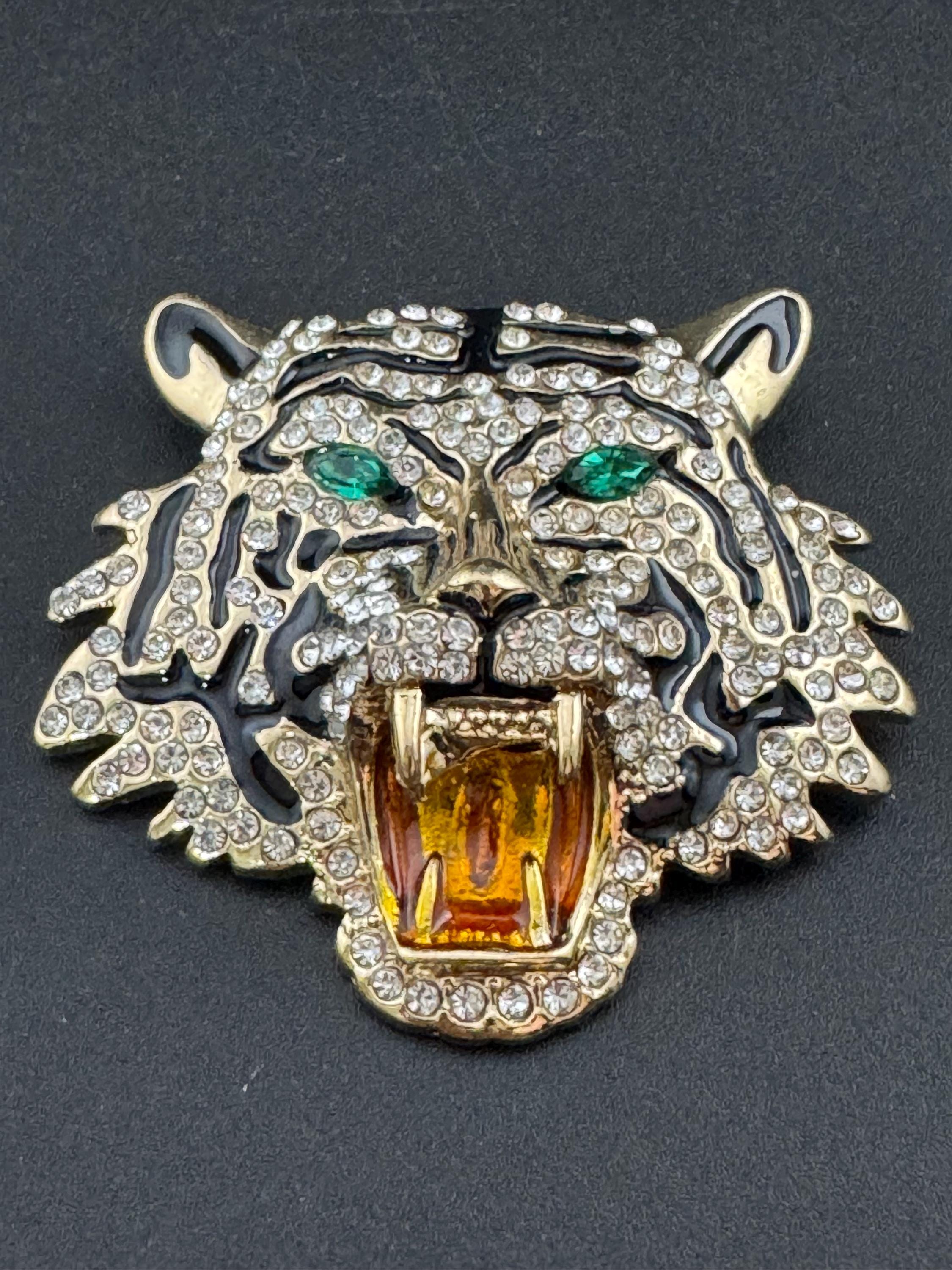 Vintage Enamel Tiger Brooch: Rhinestone Diamanté Big Cat Pendant