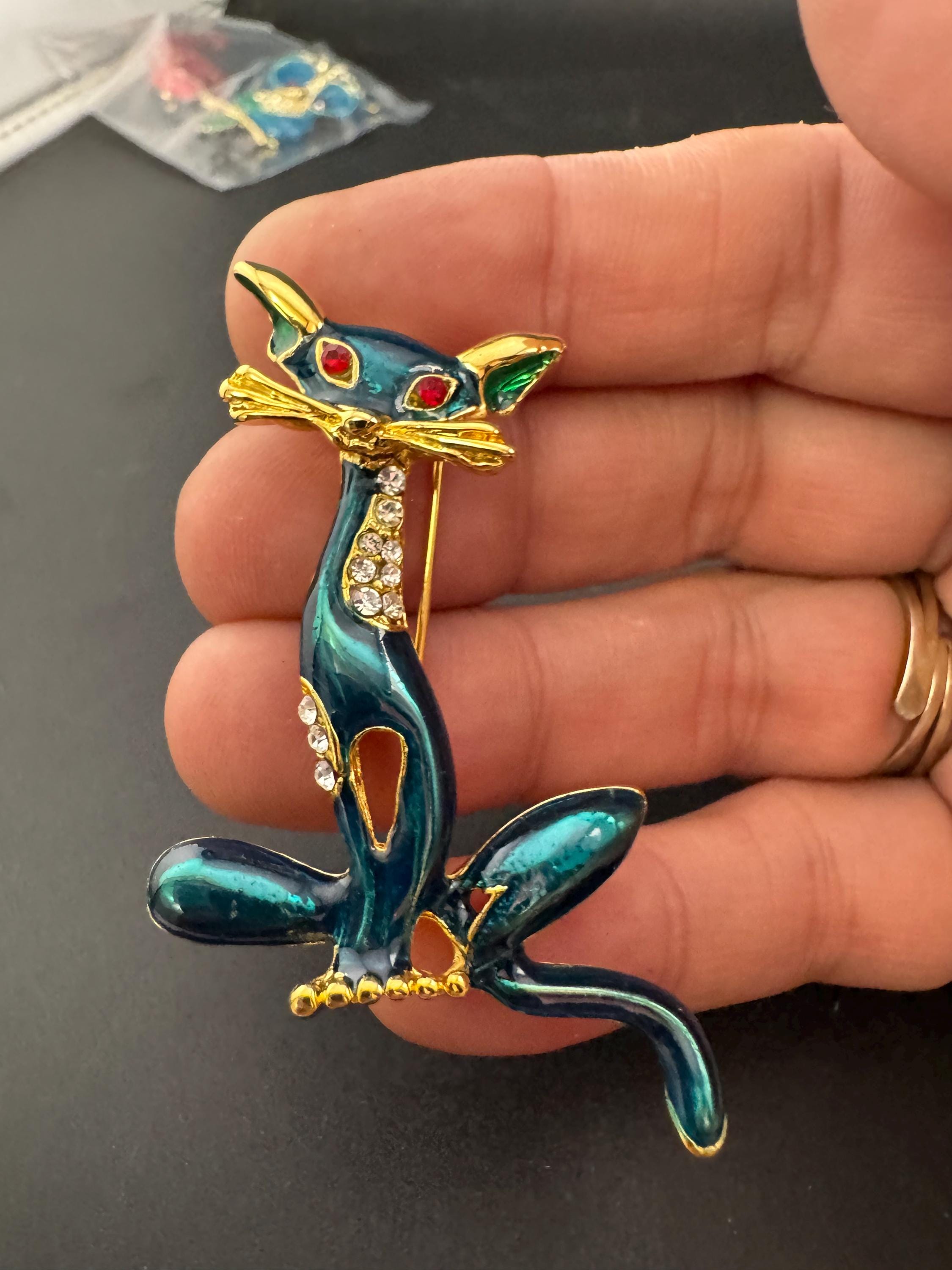 Vintage 5cm teal green blue enamel gold tone novelty cat brooch pin