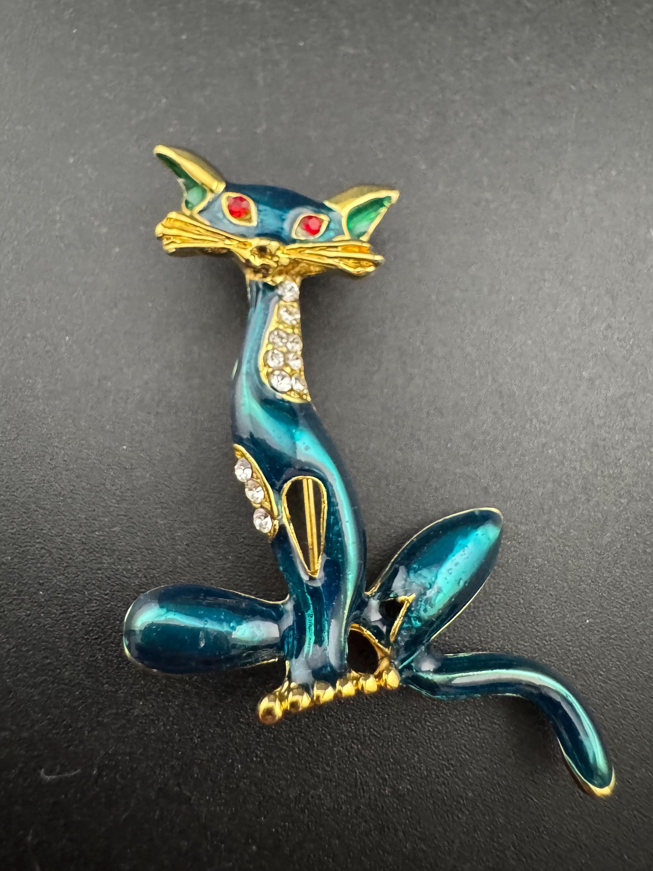 Vintage 5cm teal green blue enamel gold tone novelty cat brooch pin