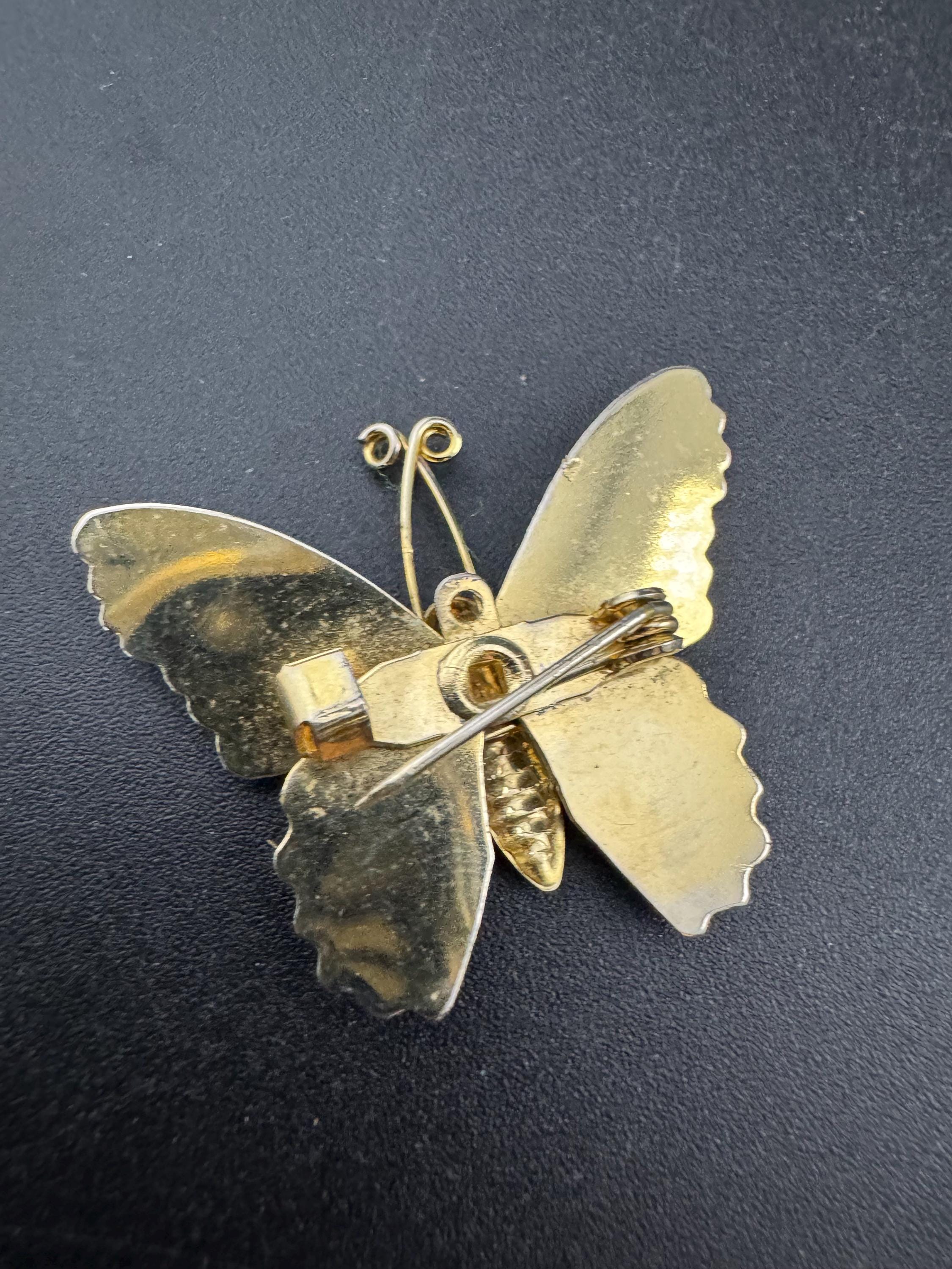 Vintage small gold tone brass blue brown enamel butterfly brooch pin
