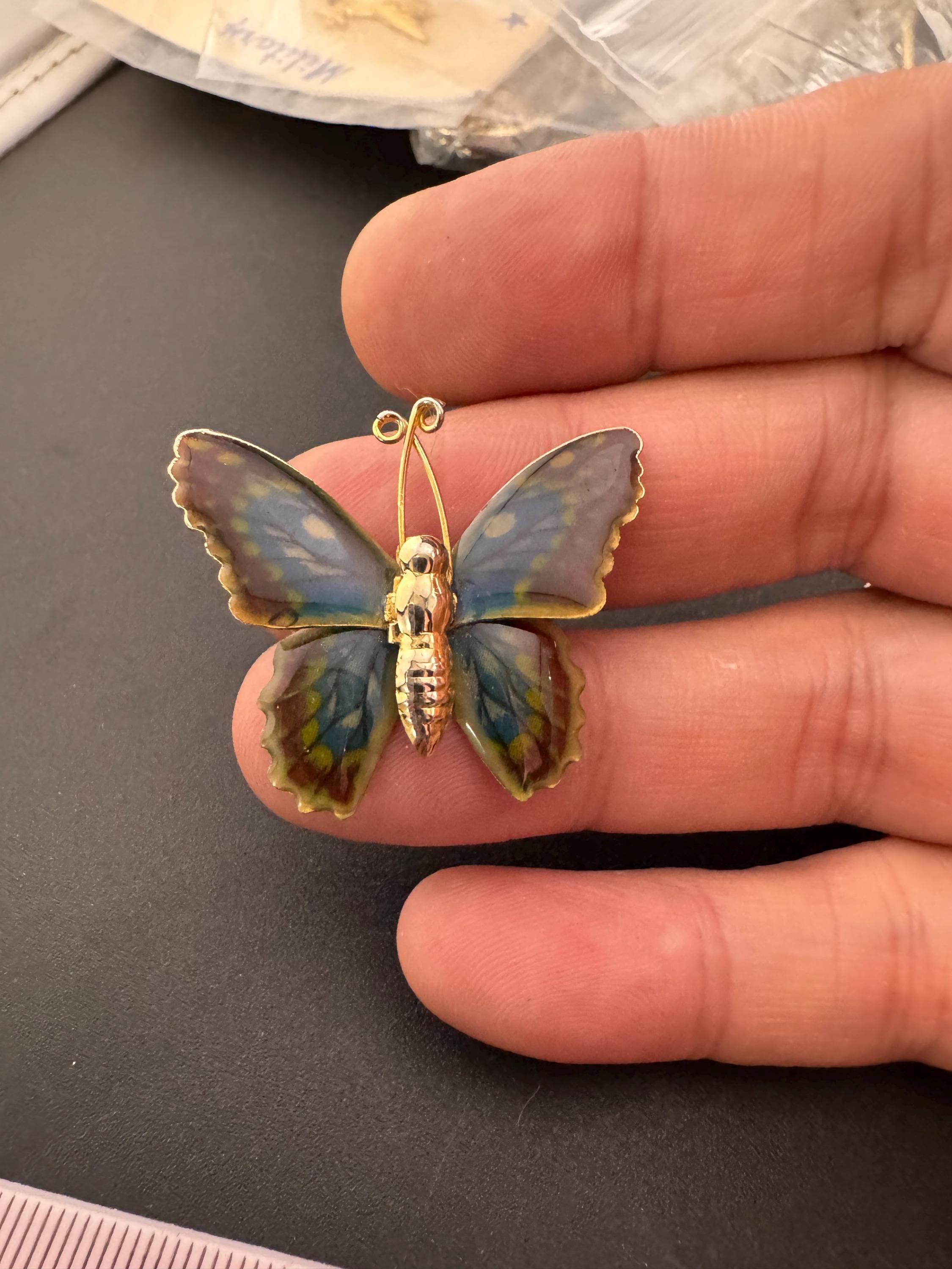 Vintage small gold tone brass blue brown enamel butterfly brooch pin