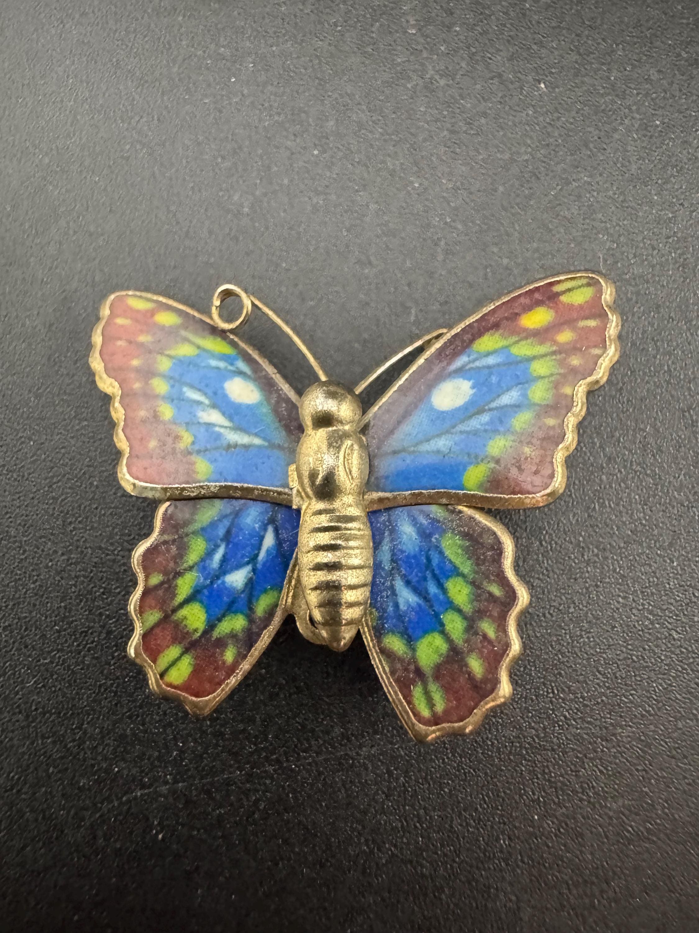 Vintage small gold tone brass blue brown green enamel butterfly brooch pin
