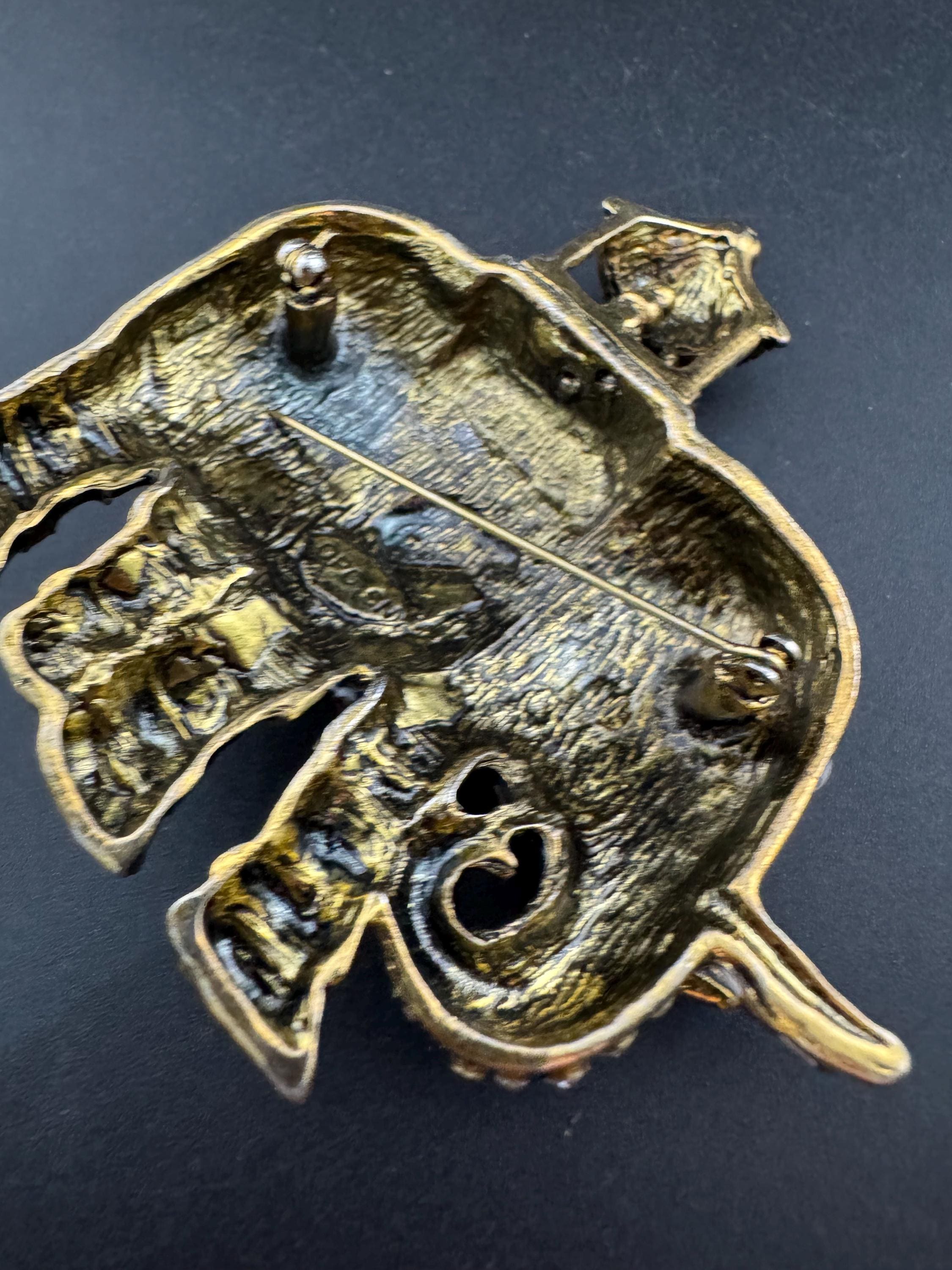 Large statement pin, black enamel pink diamanté Elephant Brooch gold tone with faux pearl