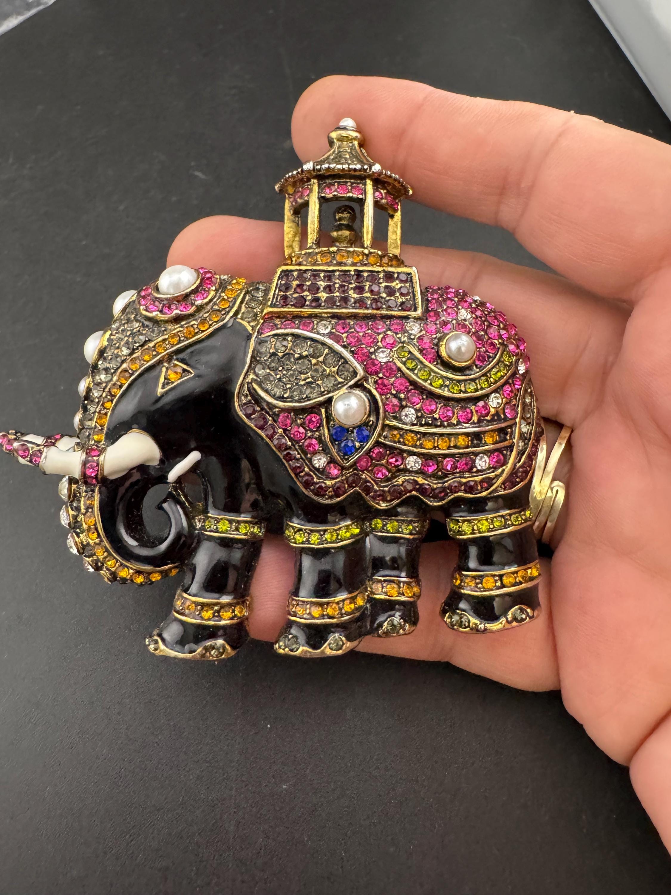 Large statement pin, black enamel pink diamanté Elephant Brooch gold tone with faux pearl