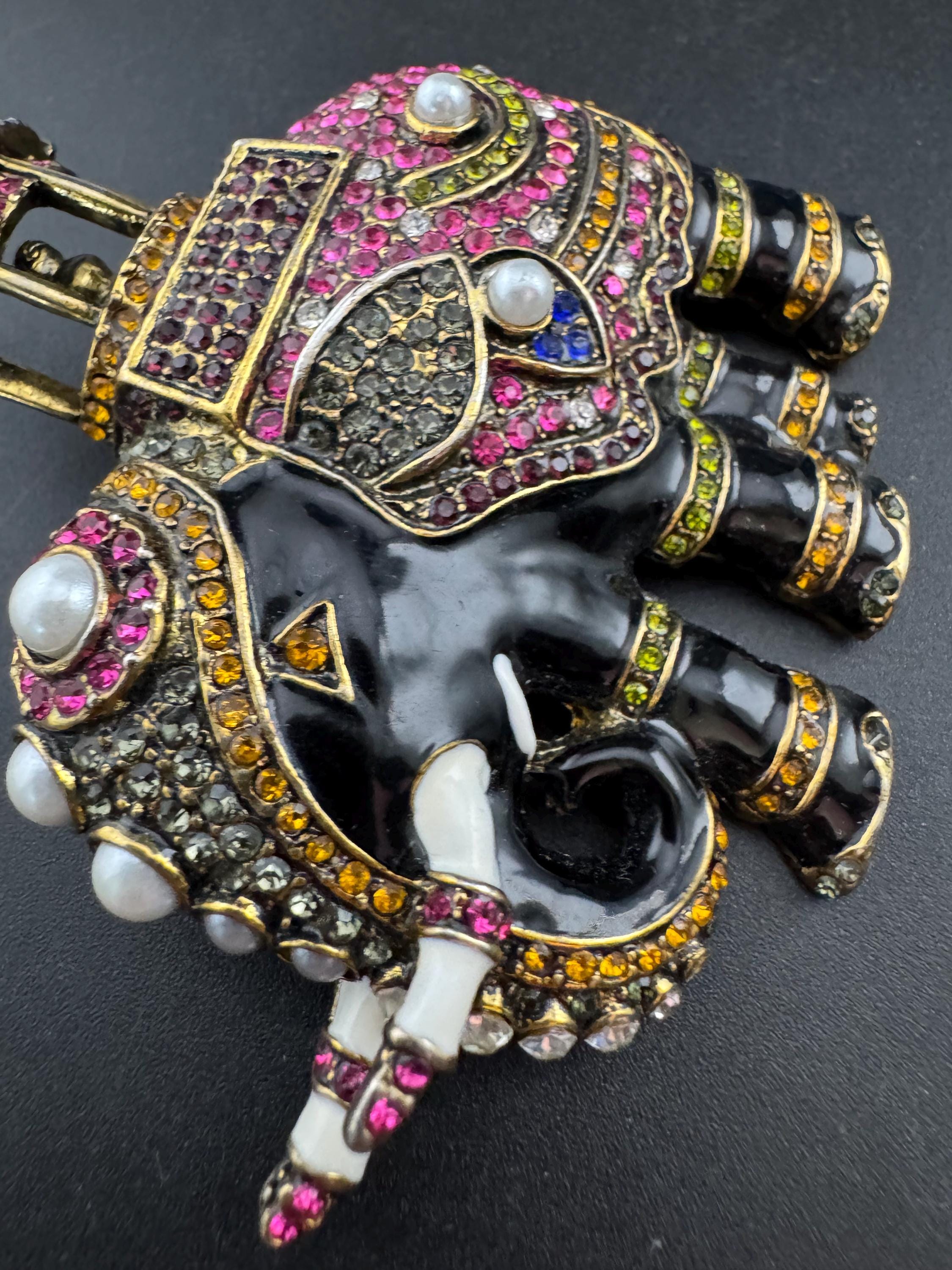 Large statement pin, black enamel pink diamanté Elephant Brooch gold tone with faux pearl