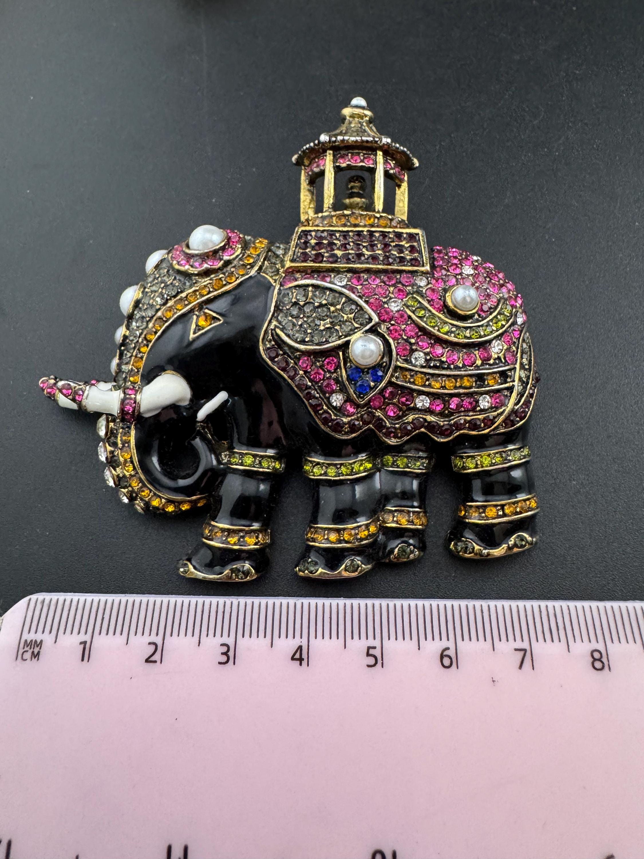 Large statement pin, black enamel pink diamanté Elephant Brooch gold tone with faux pearl