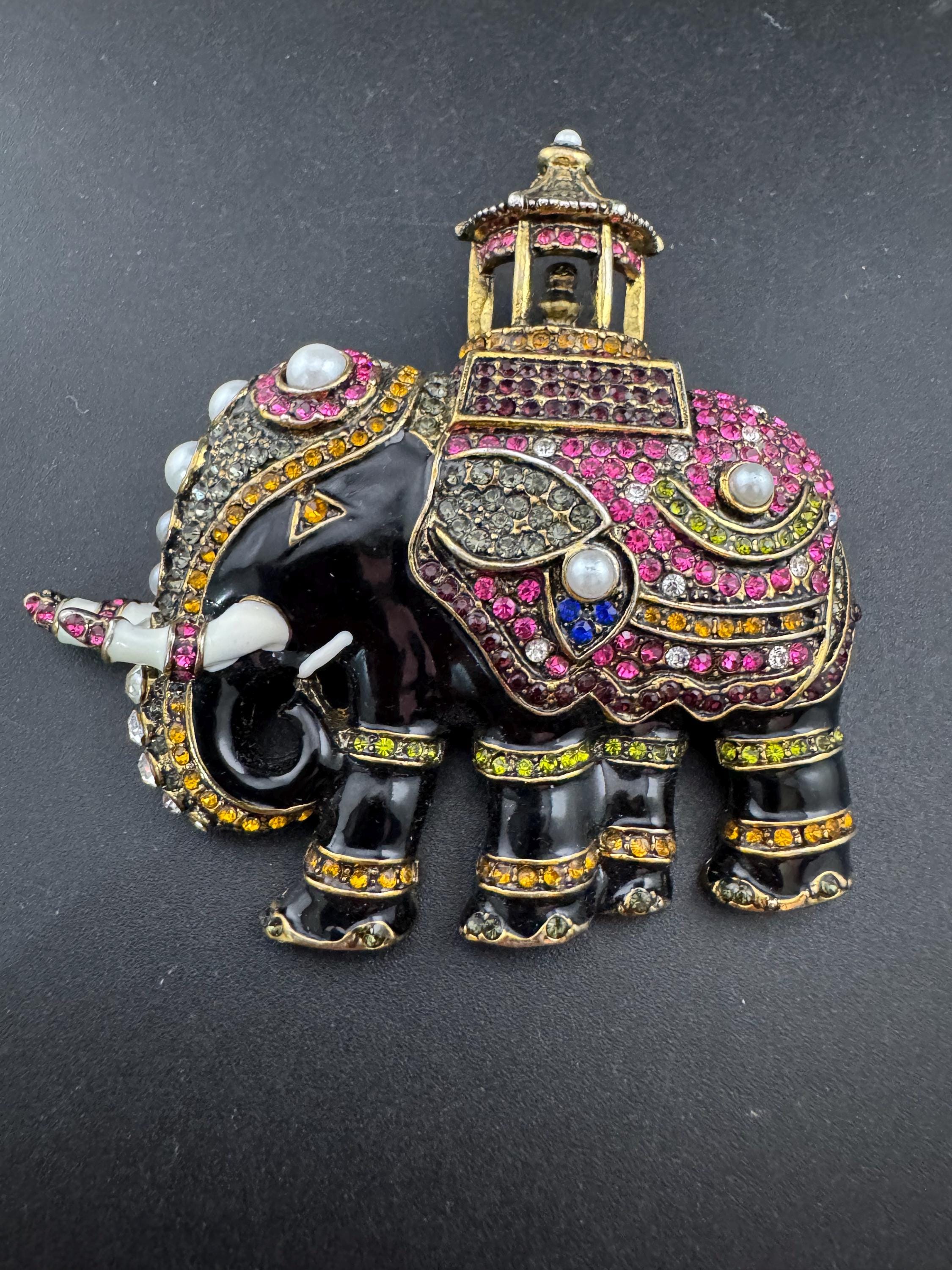 Large statement pin, black enamel pink diamanté Elephant Brooch gold tone with faux pearl