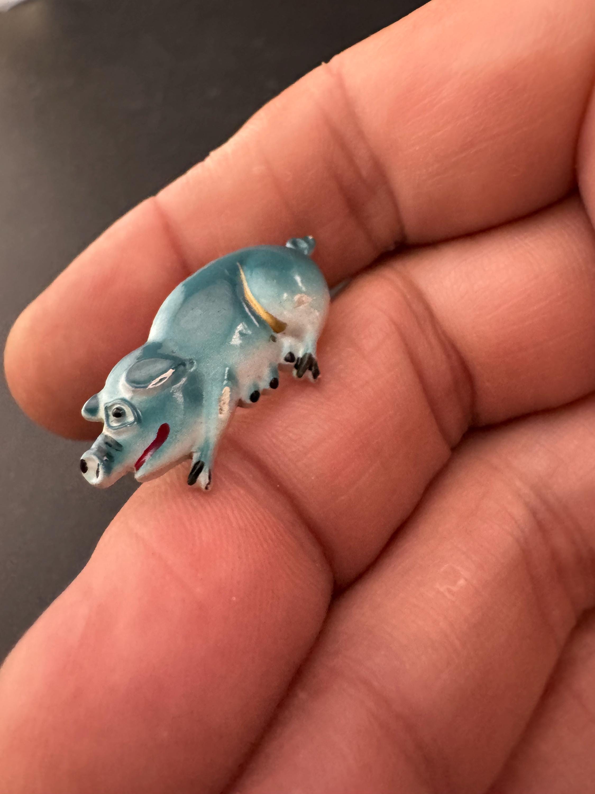 Vintage Mid-Century Blue Enamel Pig Brooch