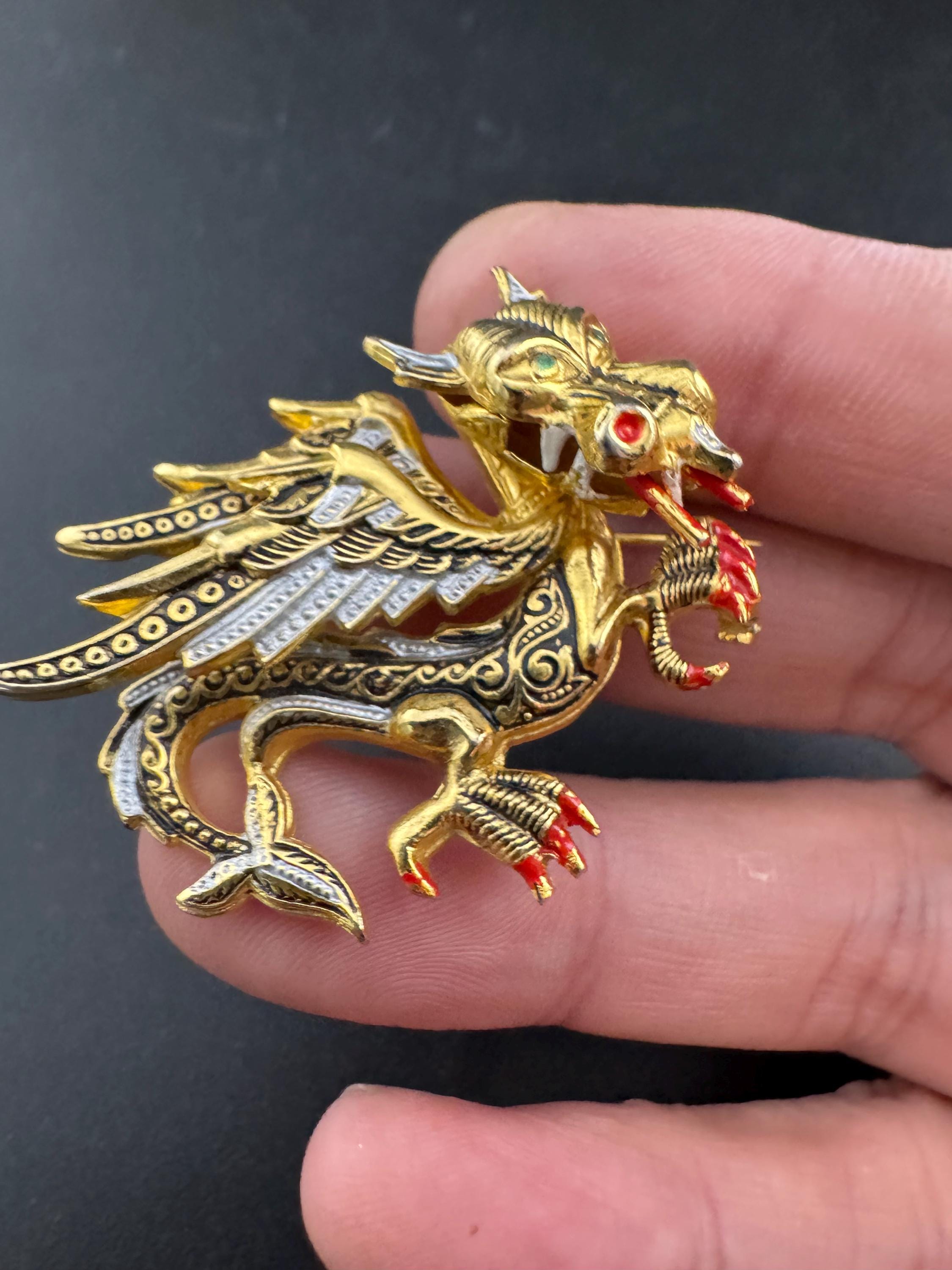 Vintage Damascene Dragon Brooch: Gold Tone Red & Black Enamel