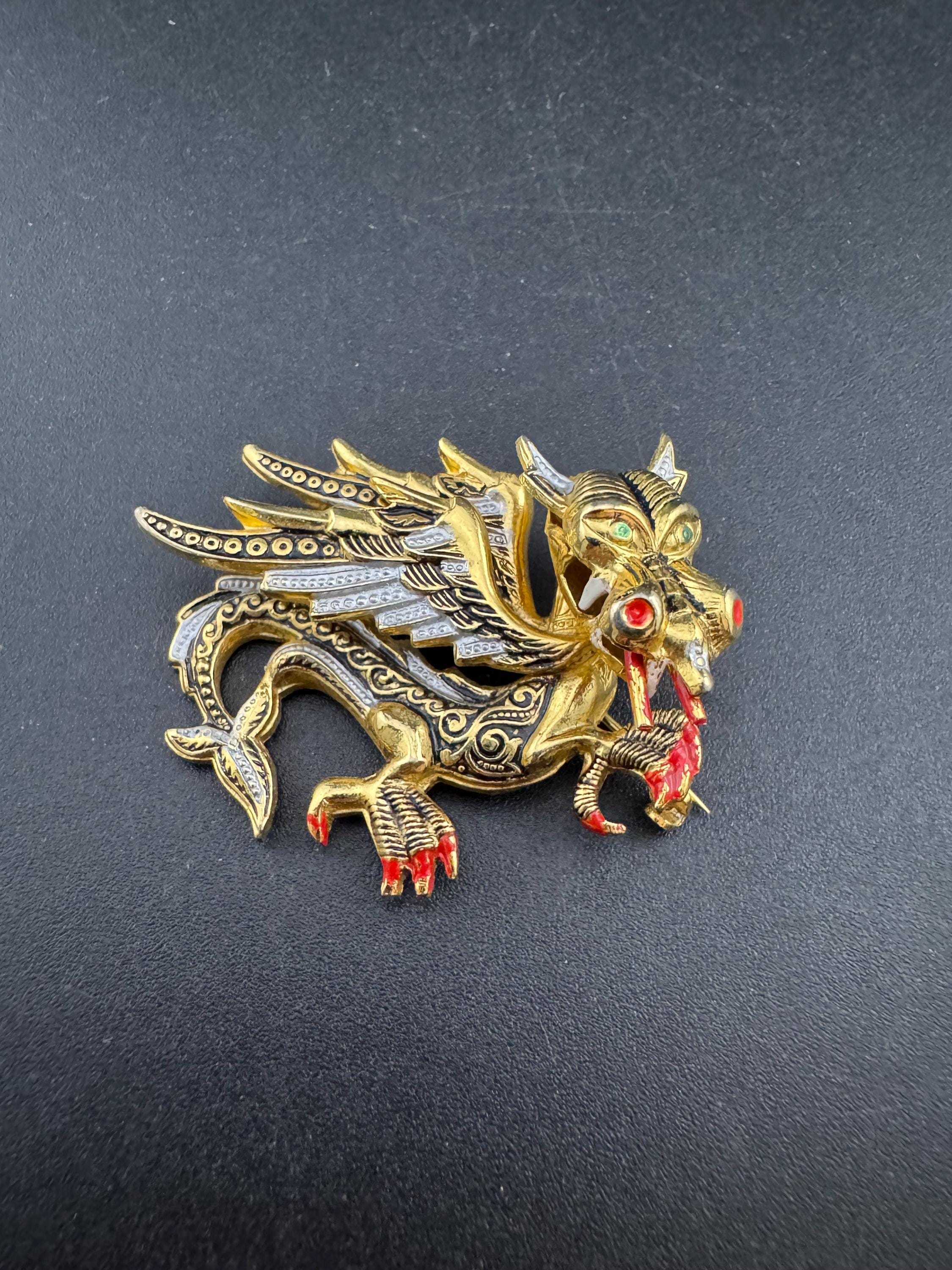 Vintage Damascene Dragon Brooch: Gold Tone Red & Black Enamel