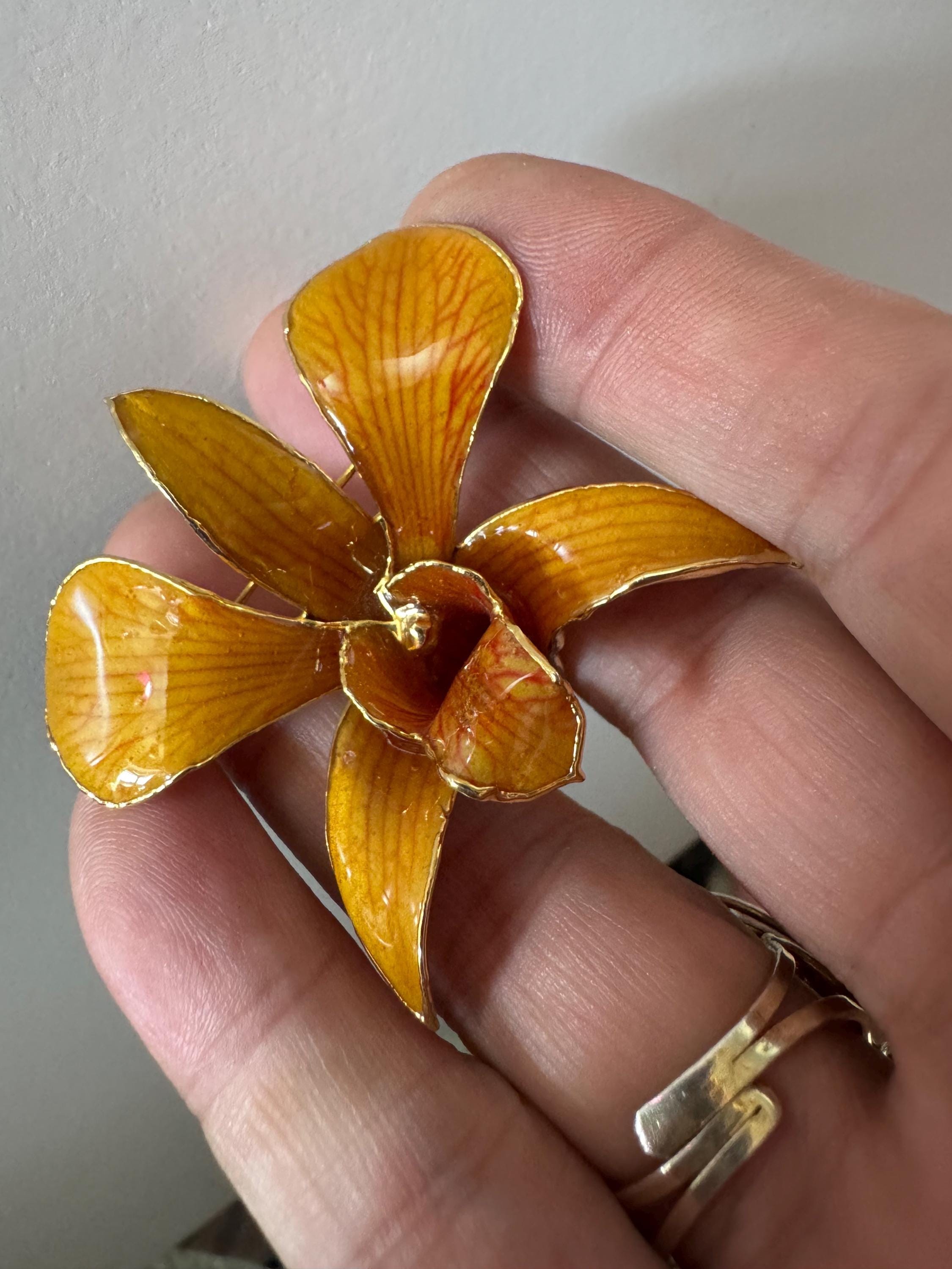 Vintage ochre yellow enamel Singaporean orchid brooch and pendant , floral gold plated