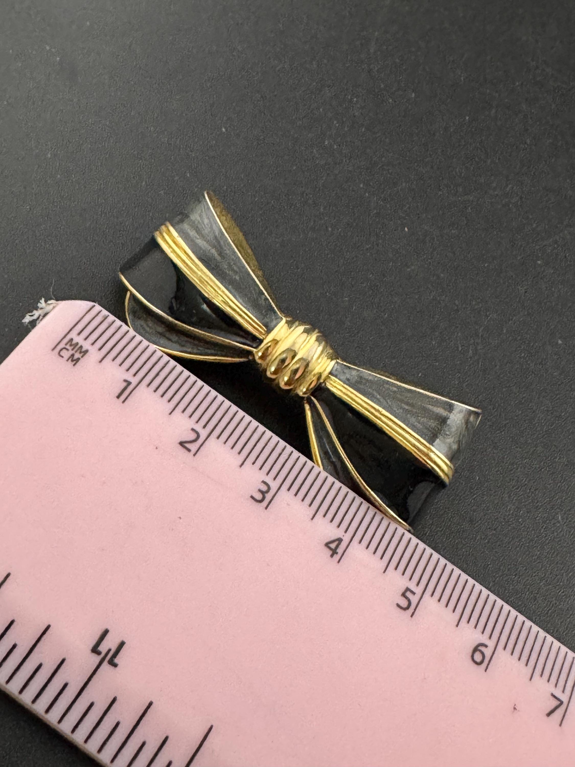 Vintage high end 5cm black and grey Enamel gold tone bow brooch