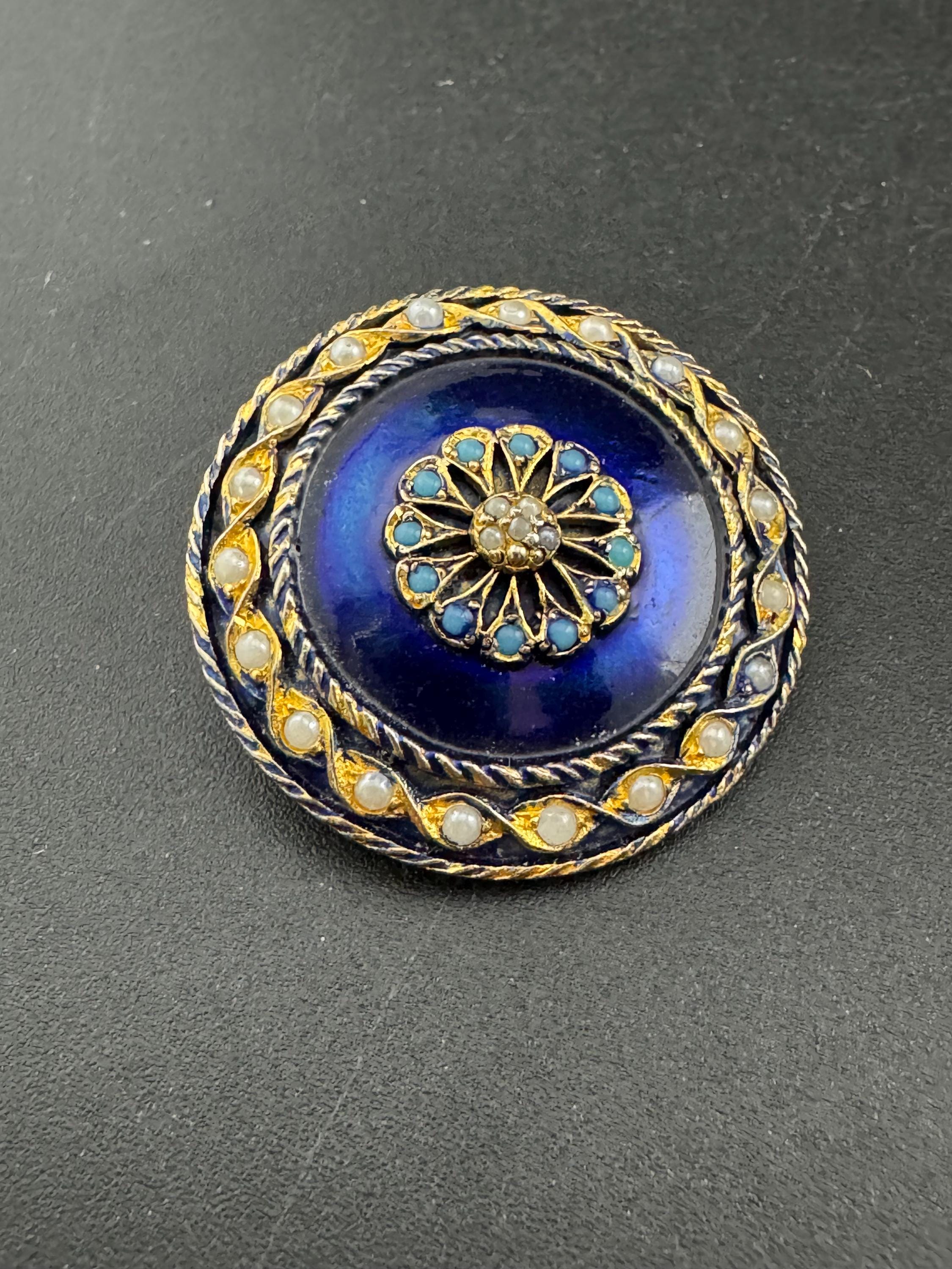 vintage gold tone blue enamel turquoise bead & seed pearl round low domed bullseye brooch