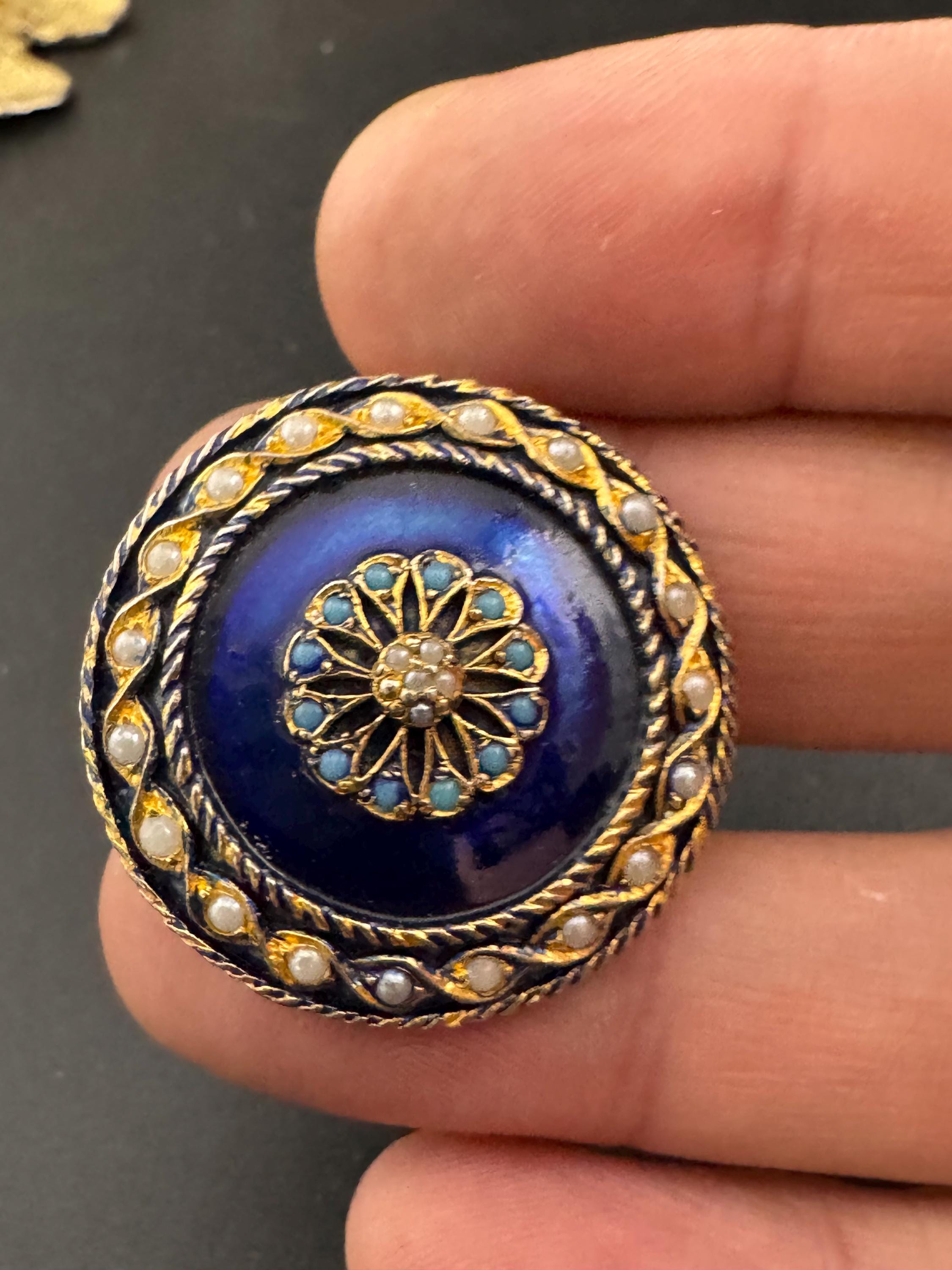 vintage gold tone blue enamel turquoise bead & seed pearl round low domed bullseye brooch