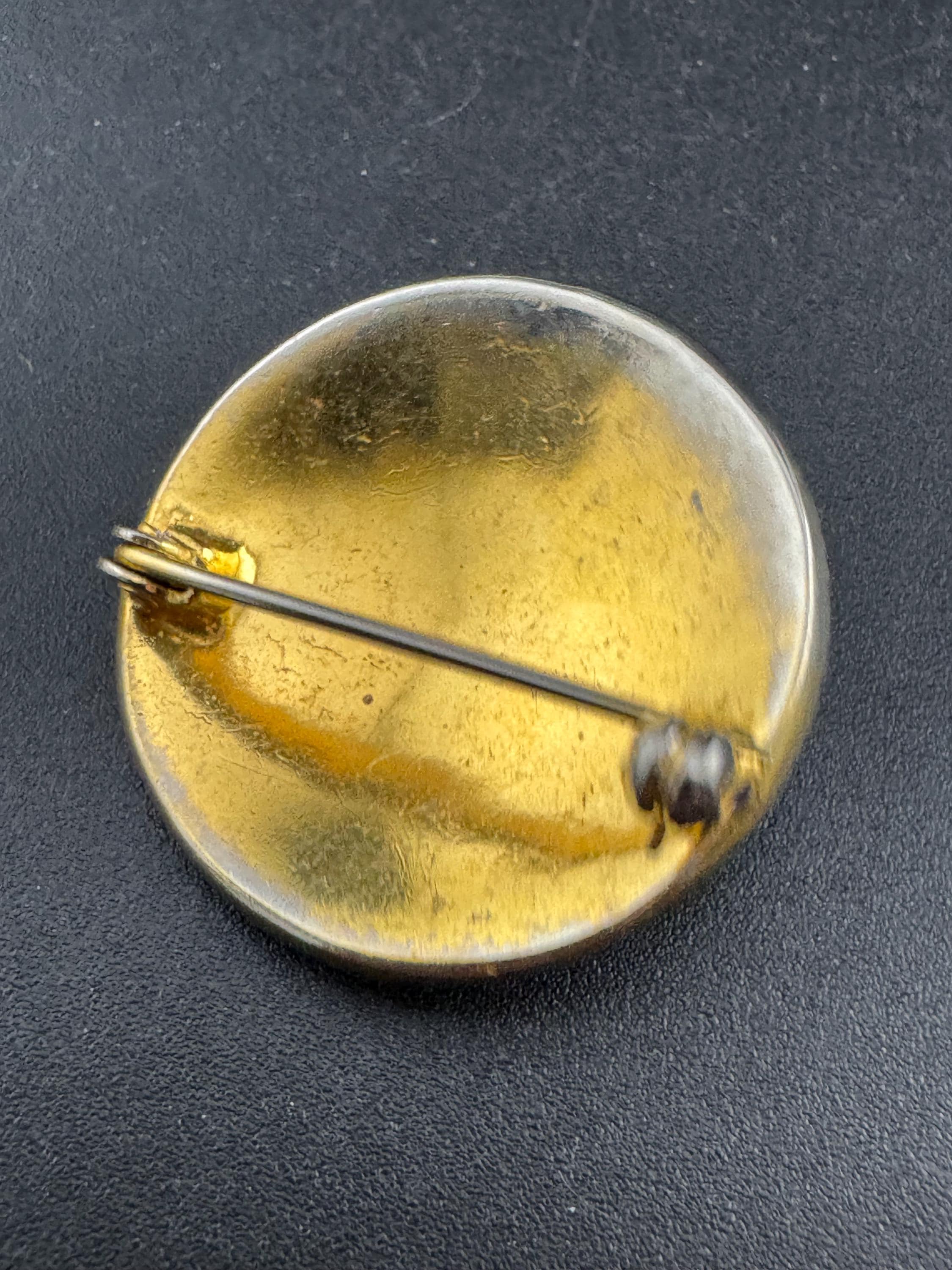 vintage gold tone blue enamel turquoise bead & seed pearl round low domed bullseye brooch