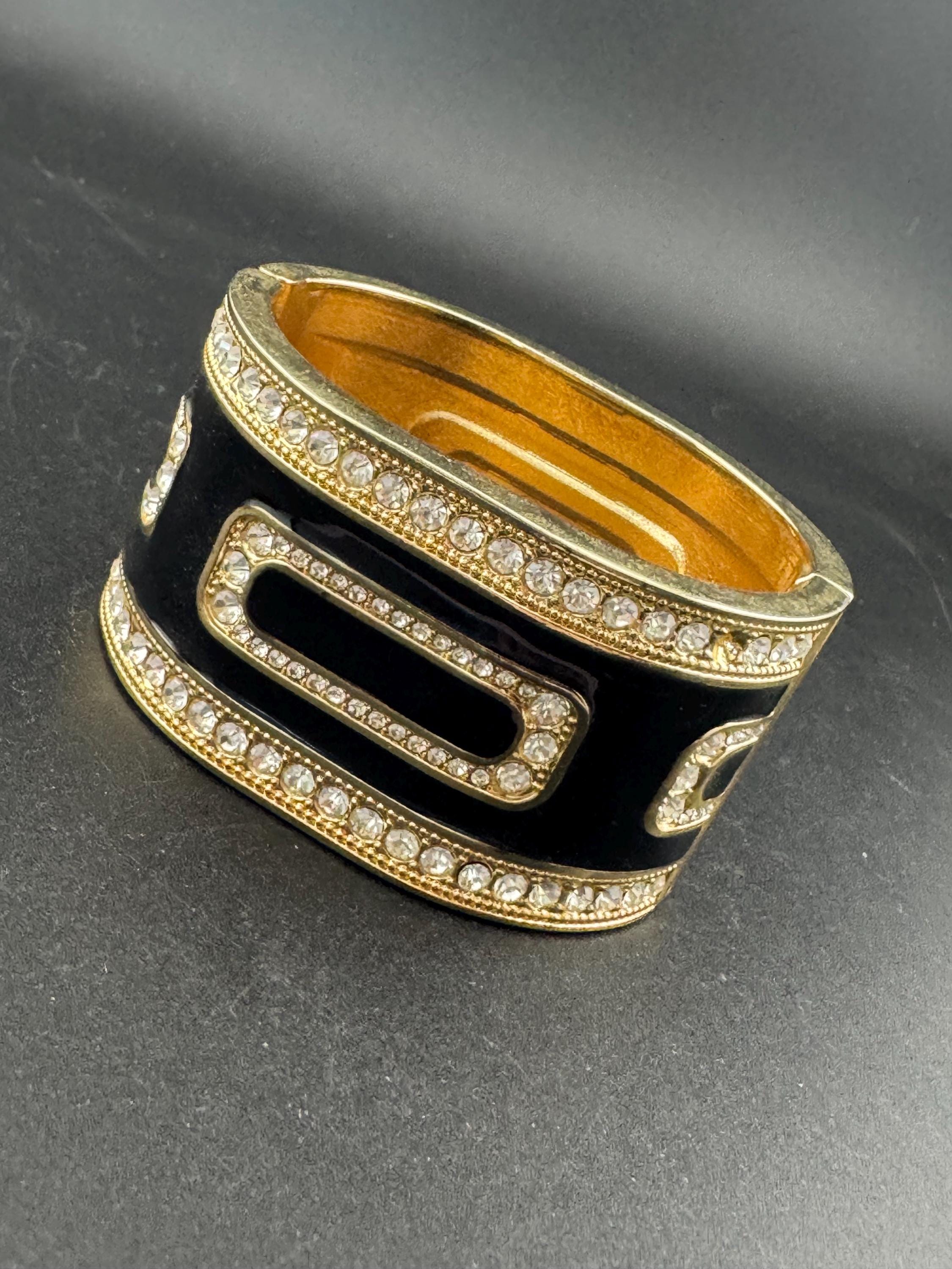 Retro black enamel clear diamanté crystals, gold tone wide art deco style clamper bangle cuff bracelet
