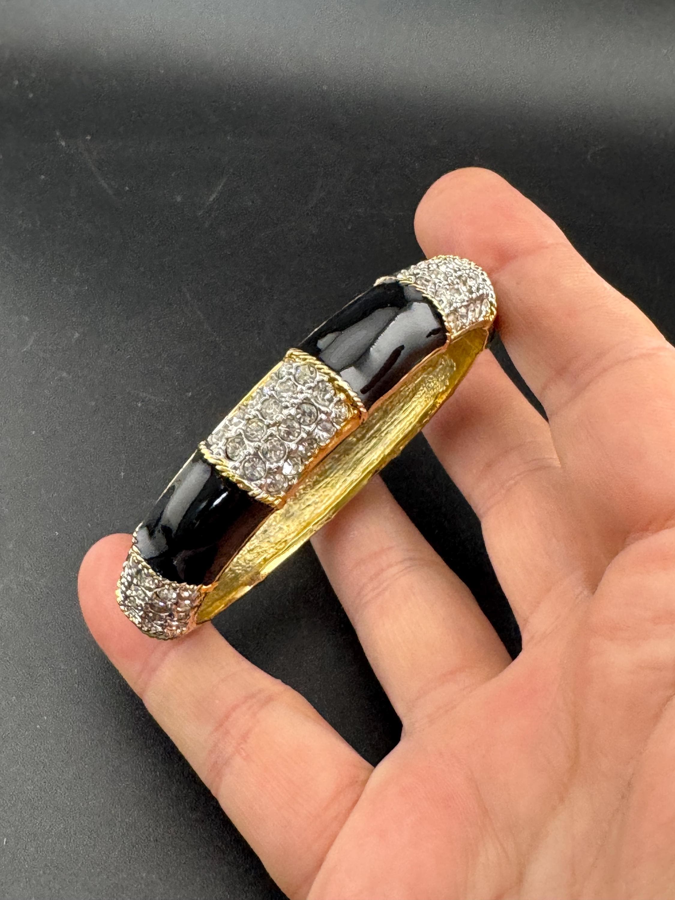 Retro black enamel clear diamanté crystals, gold tone style clamper bangle cuff bracelet
