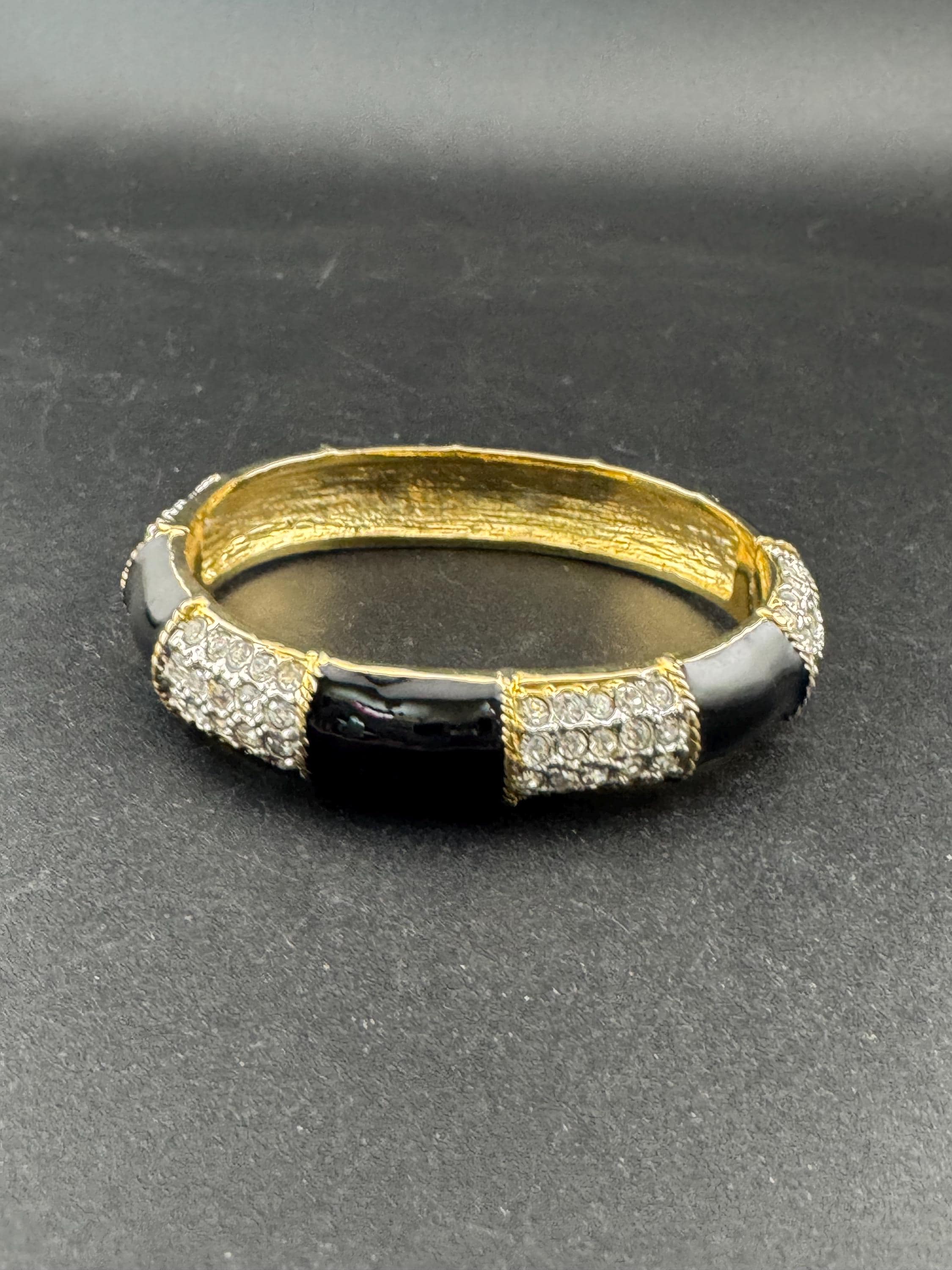 Retro black enamel clear diamanté crystals, gold tone style clamper bangle cuff bracelet