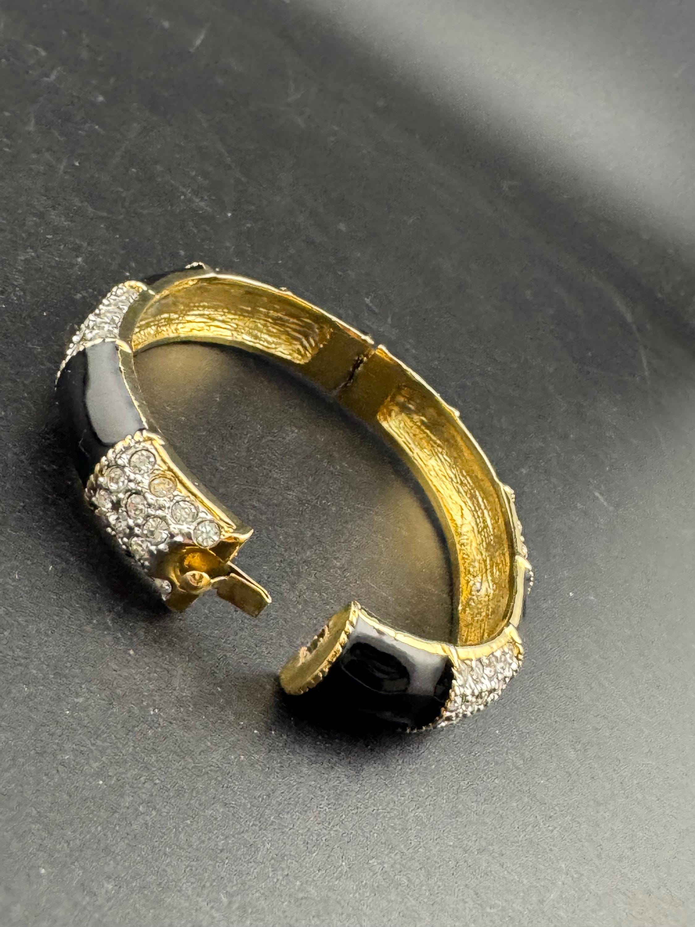 Retro black enamel clear diamanté crystals, gold tone style clamper bangle cuff bracelet