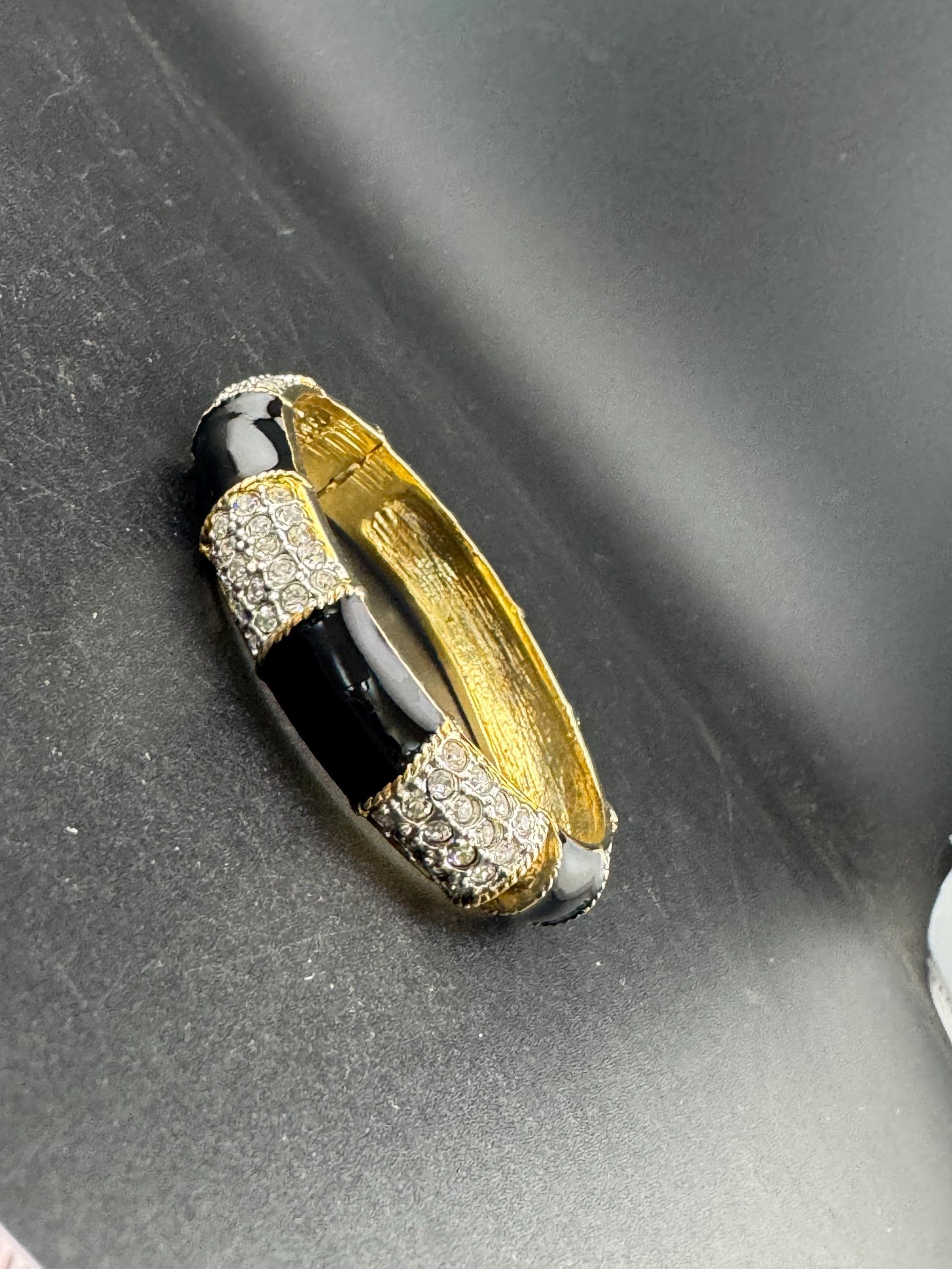 Retro black enamel clear diamanté crystals, gold tone style clamper bangle cuff bracelet