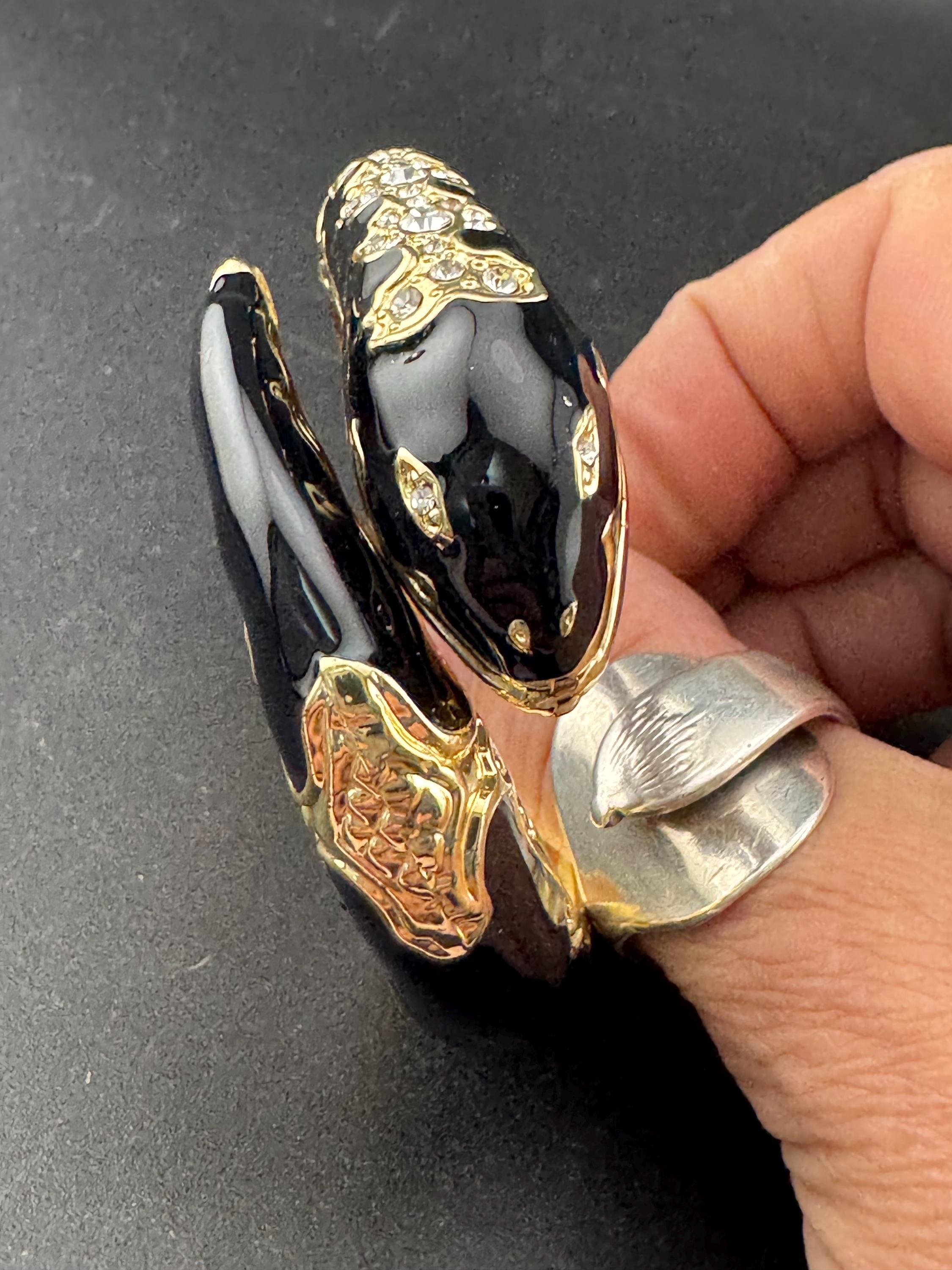 Retro Black and gold enamel diamanté crystal snake bangle clear paste eyes