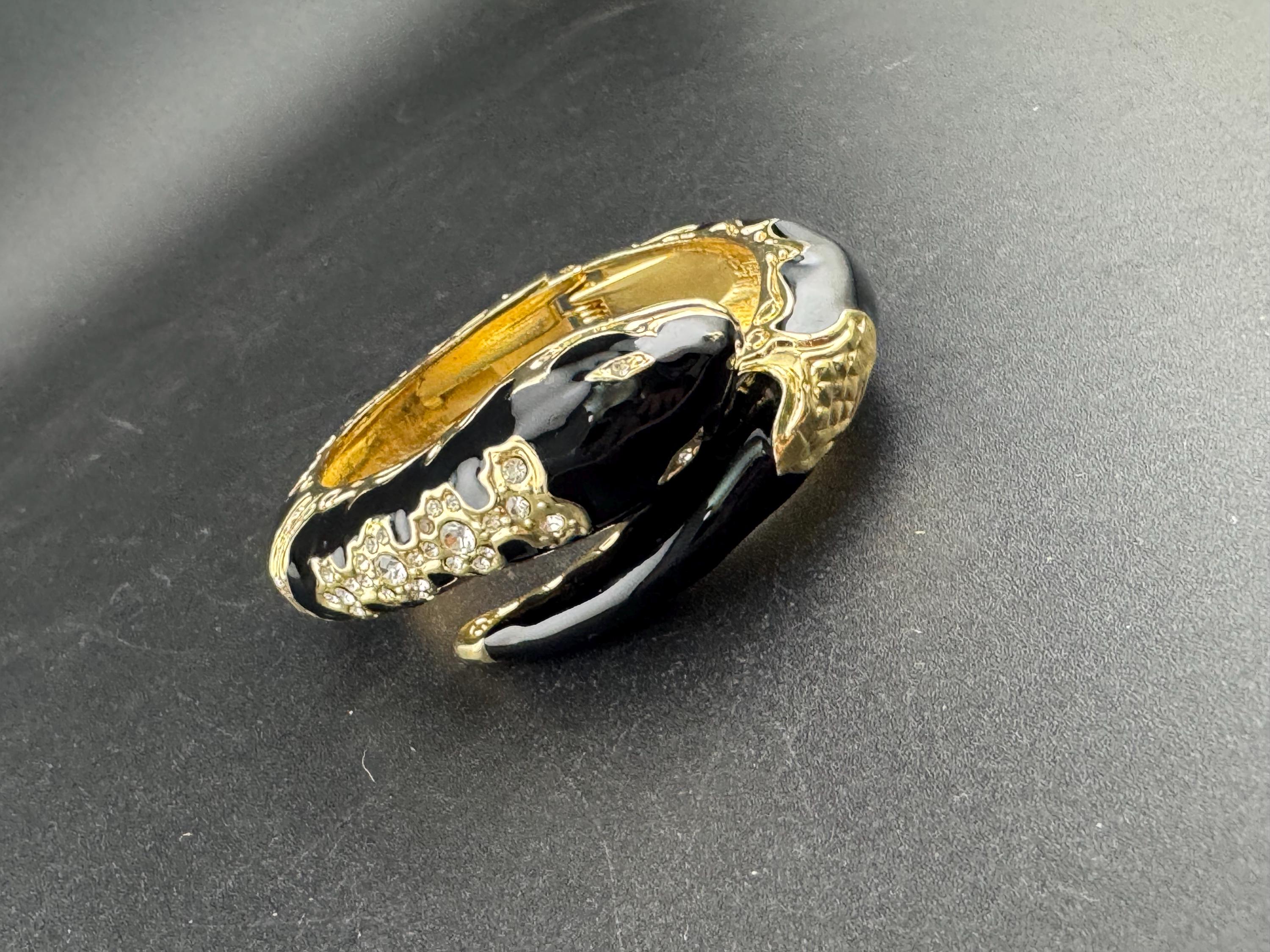 Retro Black and gold enamel diamanté crystal snake bangle clear paste eyes