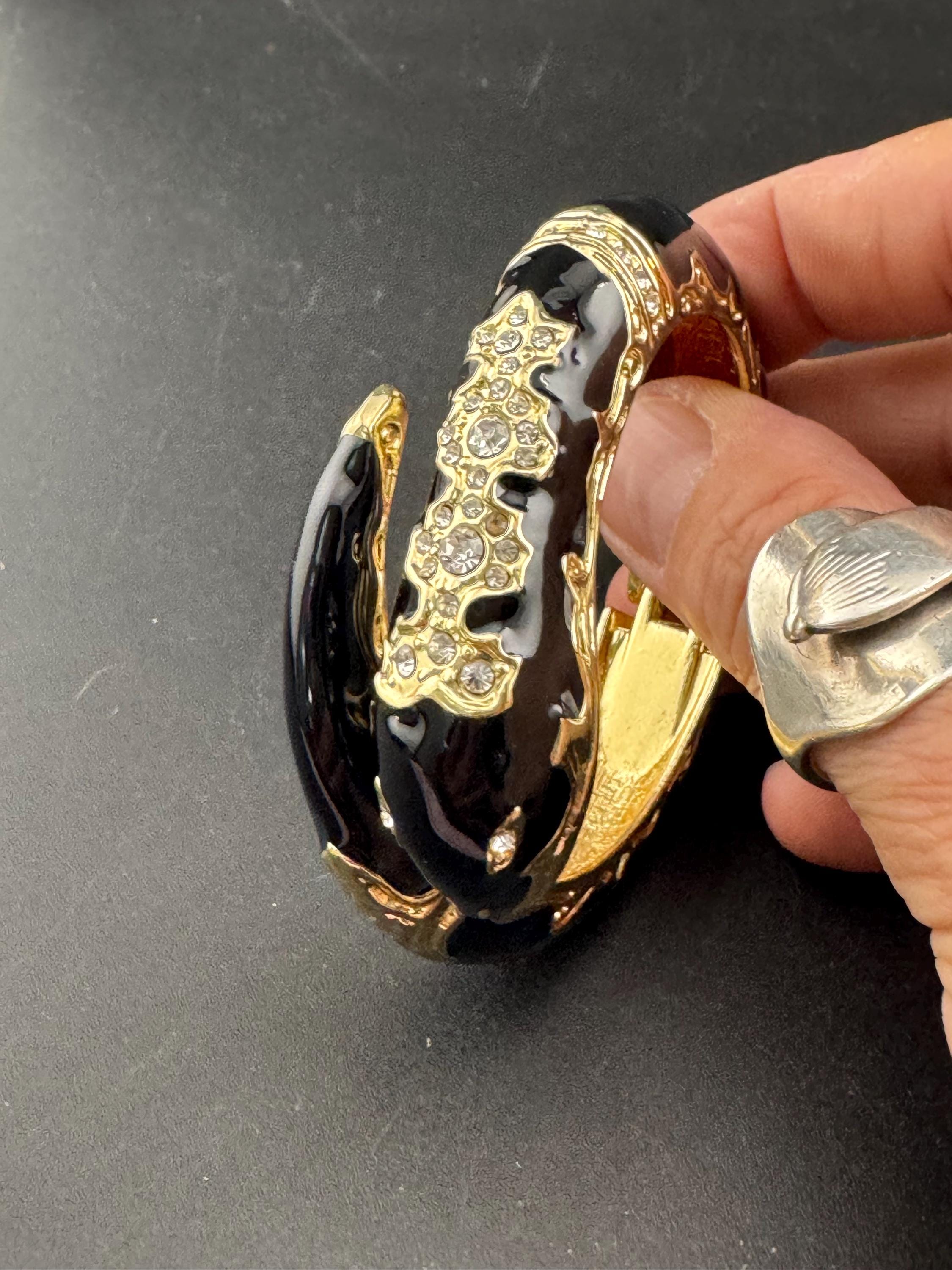 Retro Black and gold enamel diamanté crystal snake bangle clear paste eyes