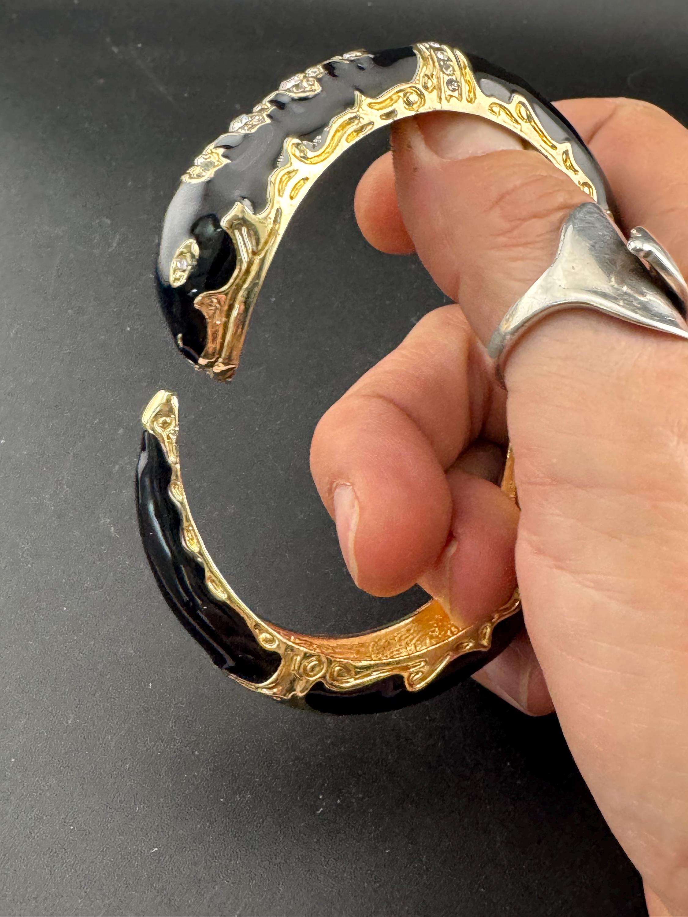 Retro Black and gold enamel diamanté crystal snake bangle clear paste eyes