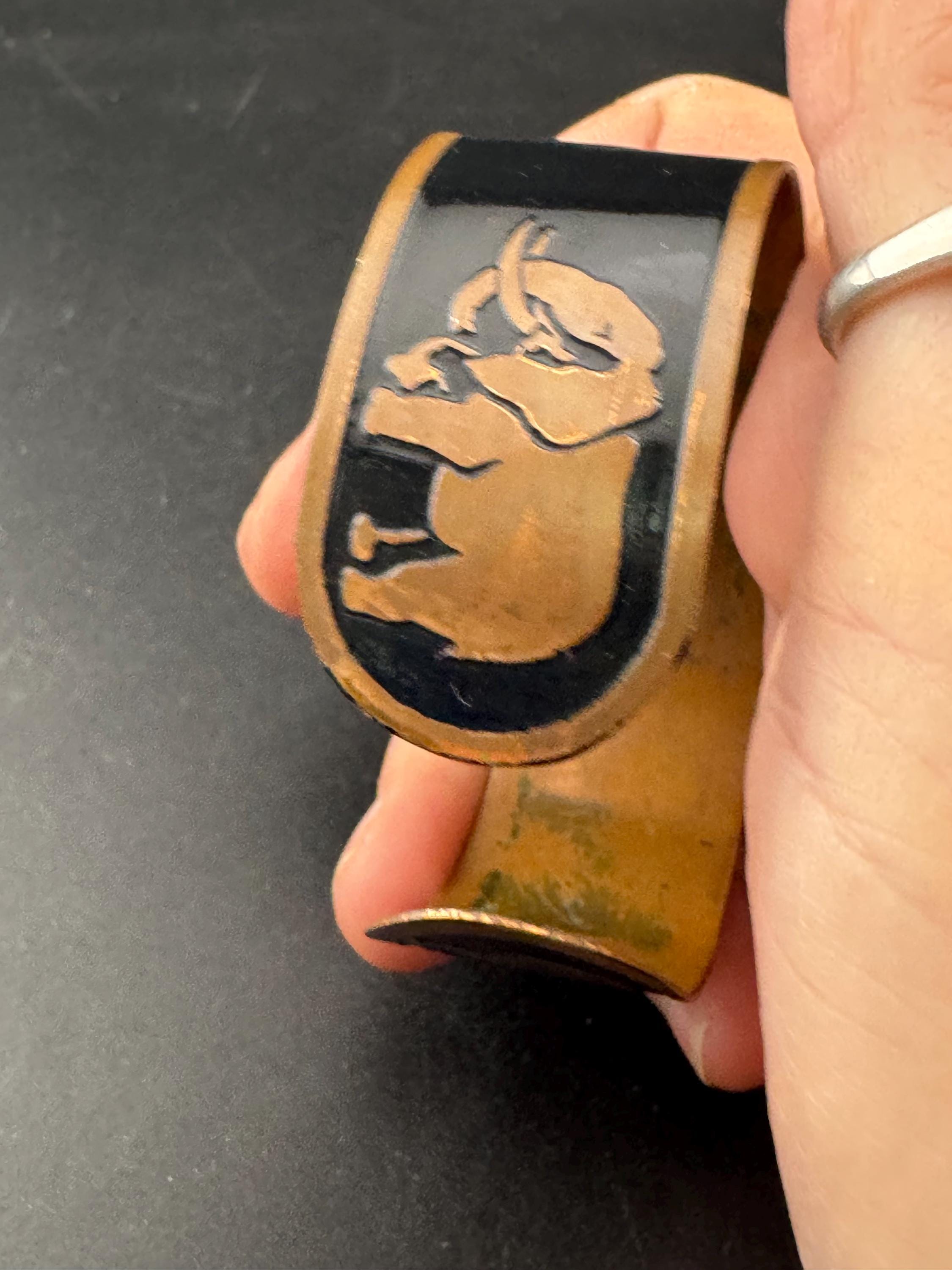 Vintage safari wildlife black enamel copper wide open cuff bangle bracelet, elephants leopard gazelle