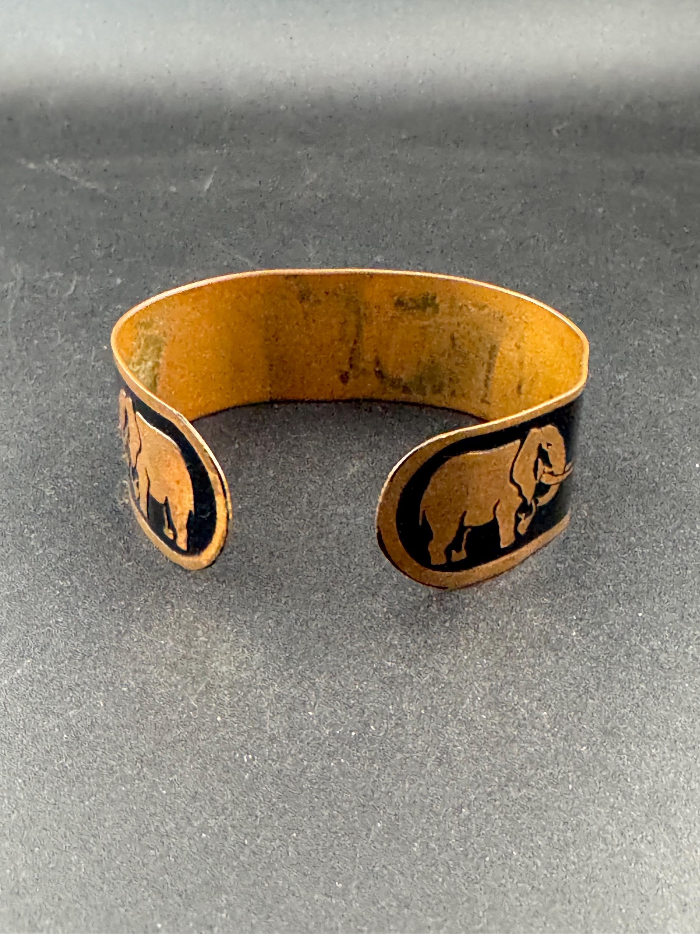Vintage safari wildlife black enamel copper wide open cuff bangle bracelet, elephants leopard gazelle
